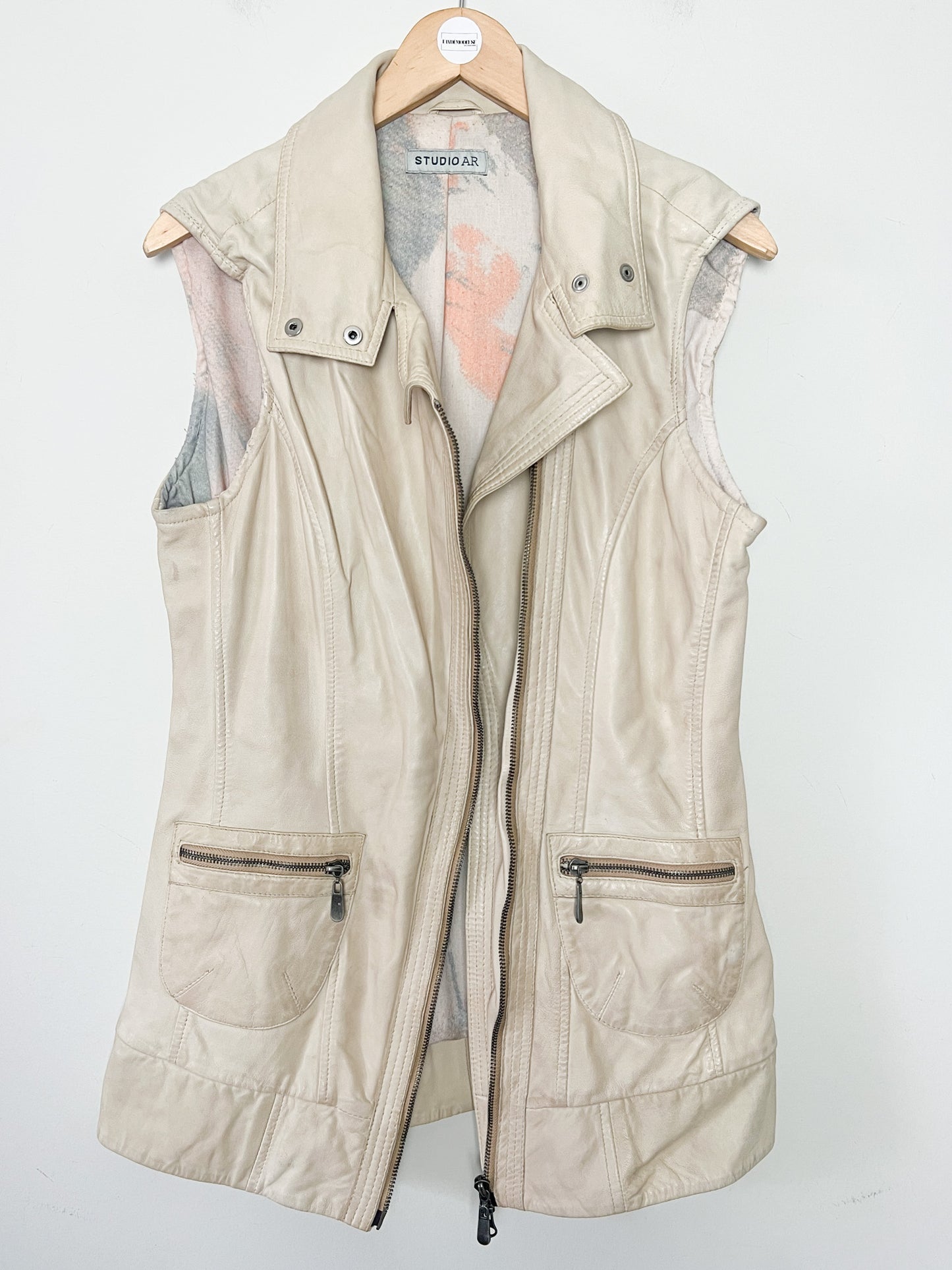 Veste Gilet en Cuir Souple Vintage Beige - Asymétrique Col Motard - Taille 38 (M)