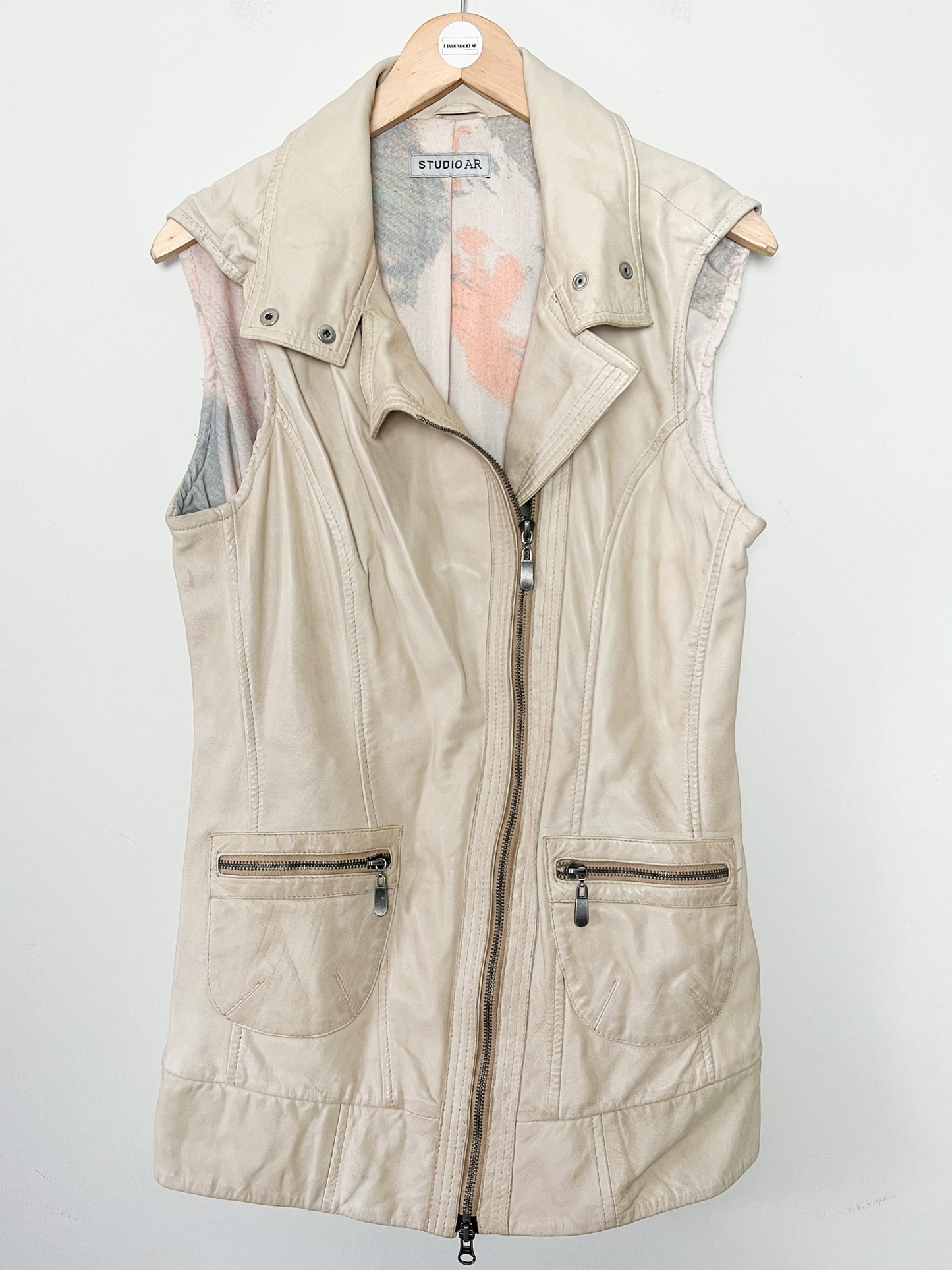 Veste Gilet en Cuir Souple Vintage Beige - Asymétrique Col Motard - Taille 38 (M)