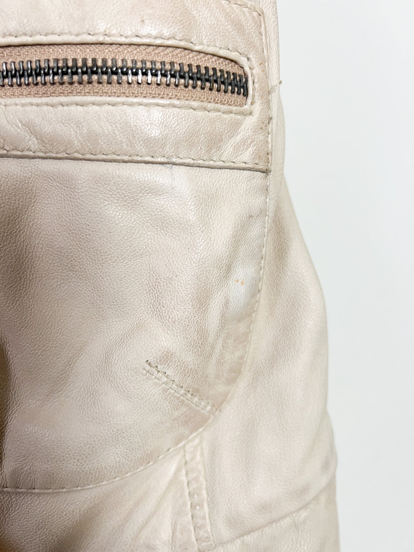 Veste Gilet en Cuir Souple Vintage Beige - Asymétrique Col Motard - Taille 38 (M)