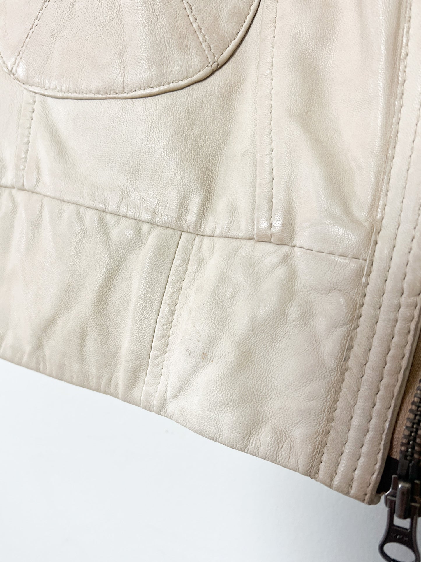 Veste Gilet en Cuir Souple Vintage Beige - Asymétrique Col Motard - Taille 38 (M)