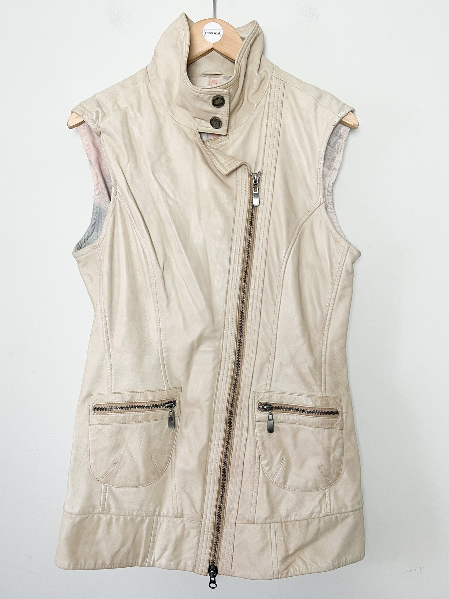 Veste Gilet en Cuir Souple Vintage Beige - Asymétrique Col Motard - Taille 38 (M)