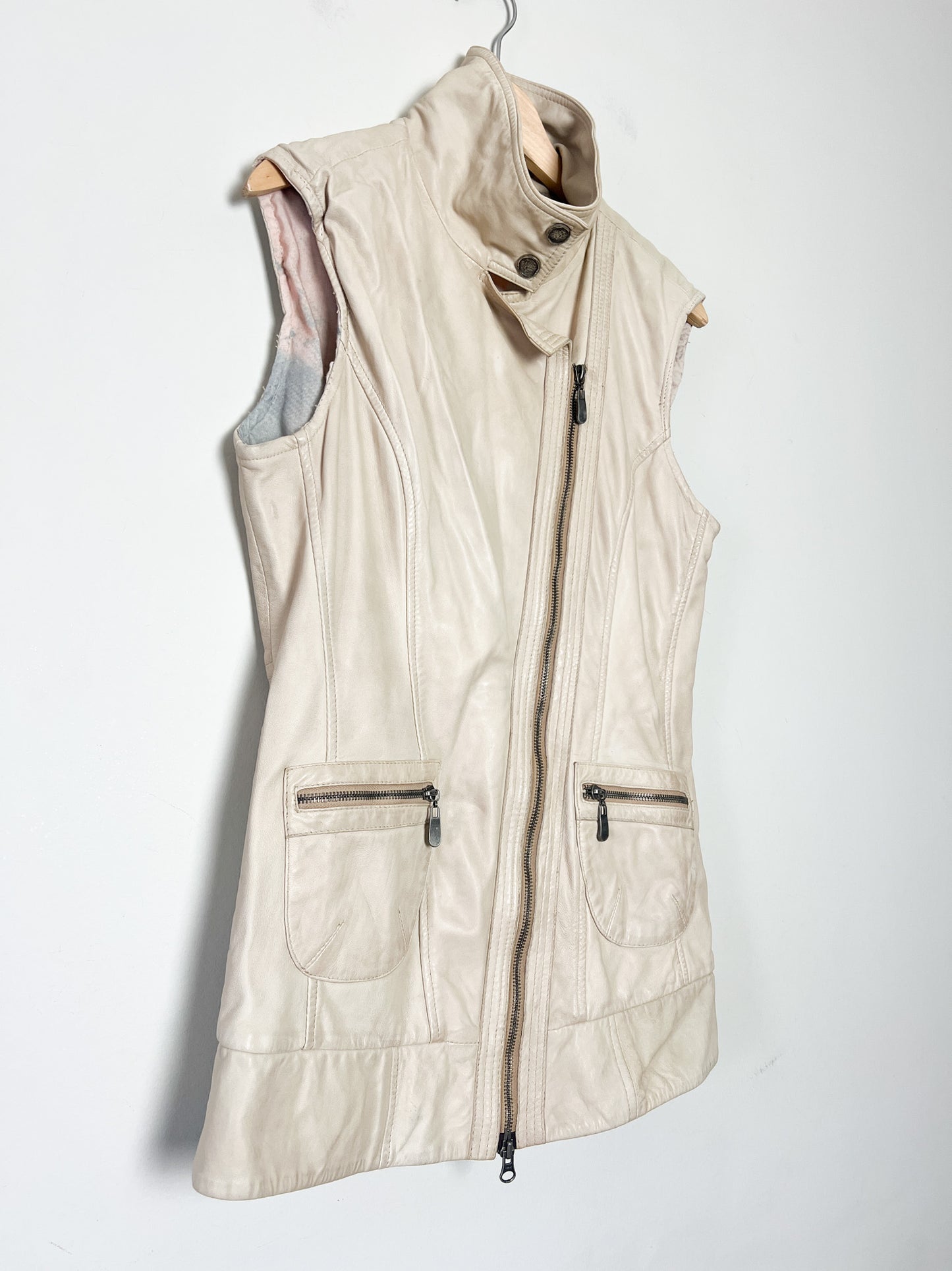 Veste Gilet en Cuir Souple Vintage Beige - Asymétrique Col Motard - Taille 38 (M)
