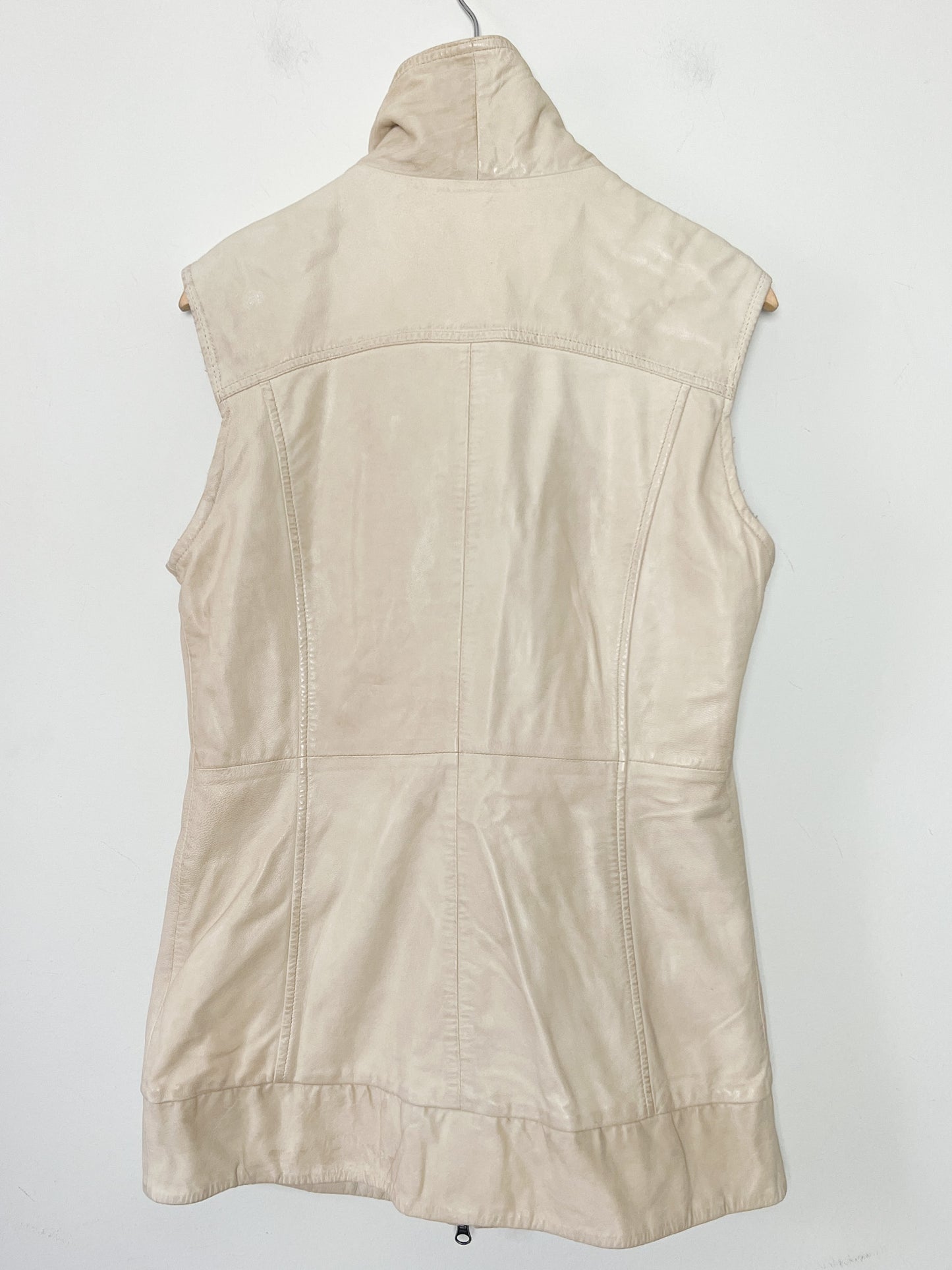 Veste Gilet en Cuir Souple Vintage Beige - Asymétrique Col Motard - Taille 38 (M)
