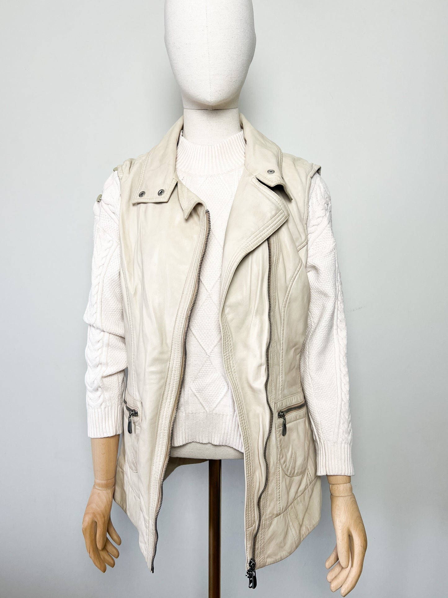 Veste Gilet en Cuir Souple Vintage Beige - Asymétrique Col Motard - Taille 38 (M)