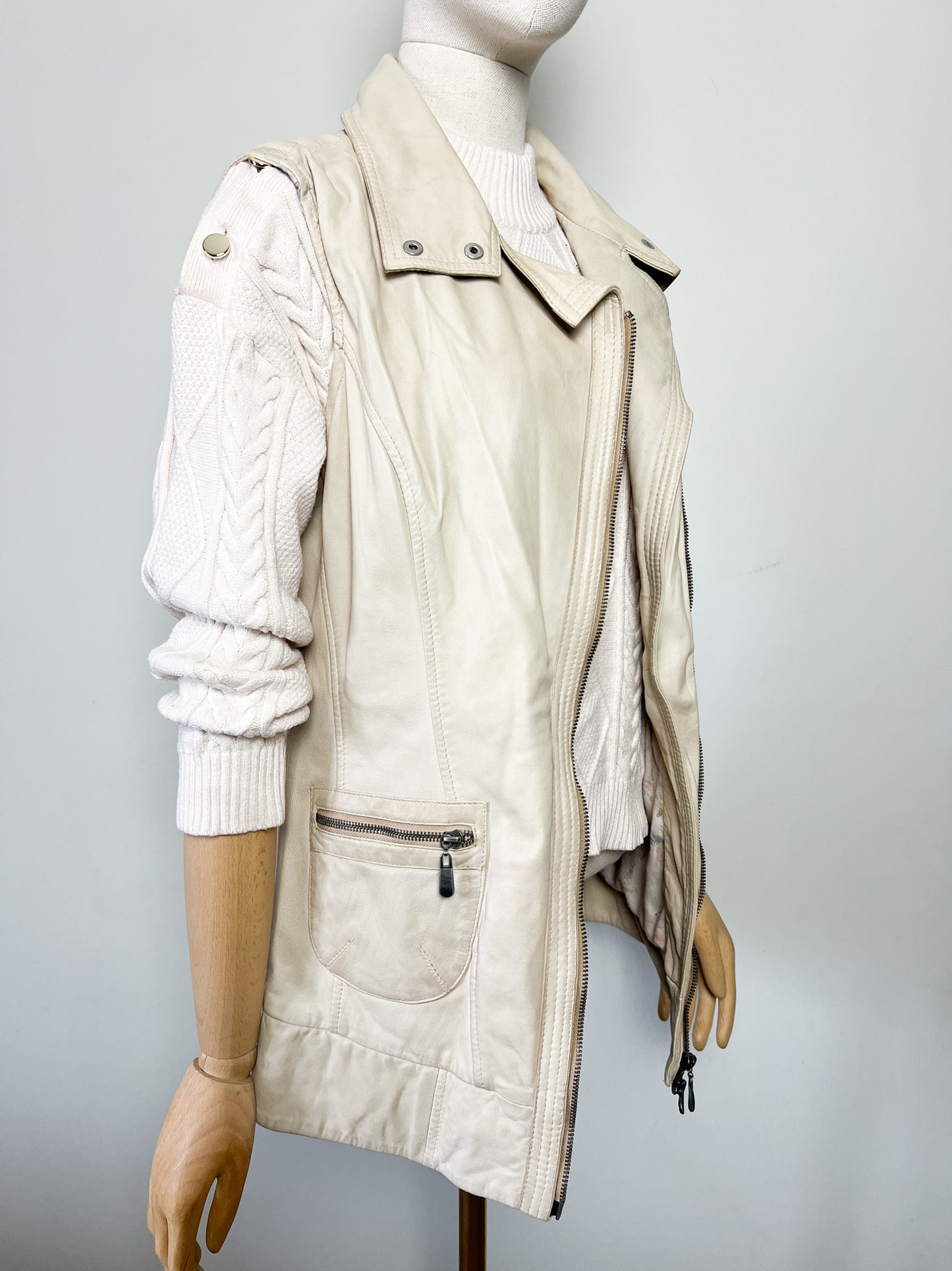 Veste Gilet en Cuir Souple Vintage Beige - Asymétrique Col Motard - Taille 38 (M)