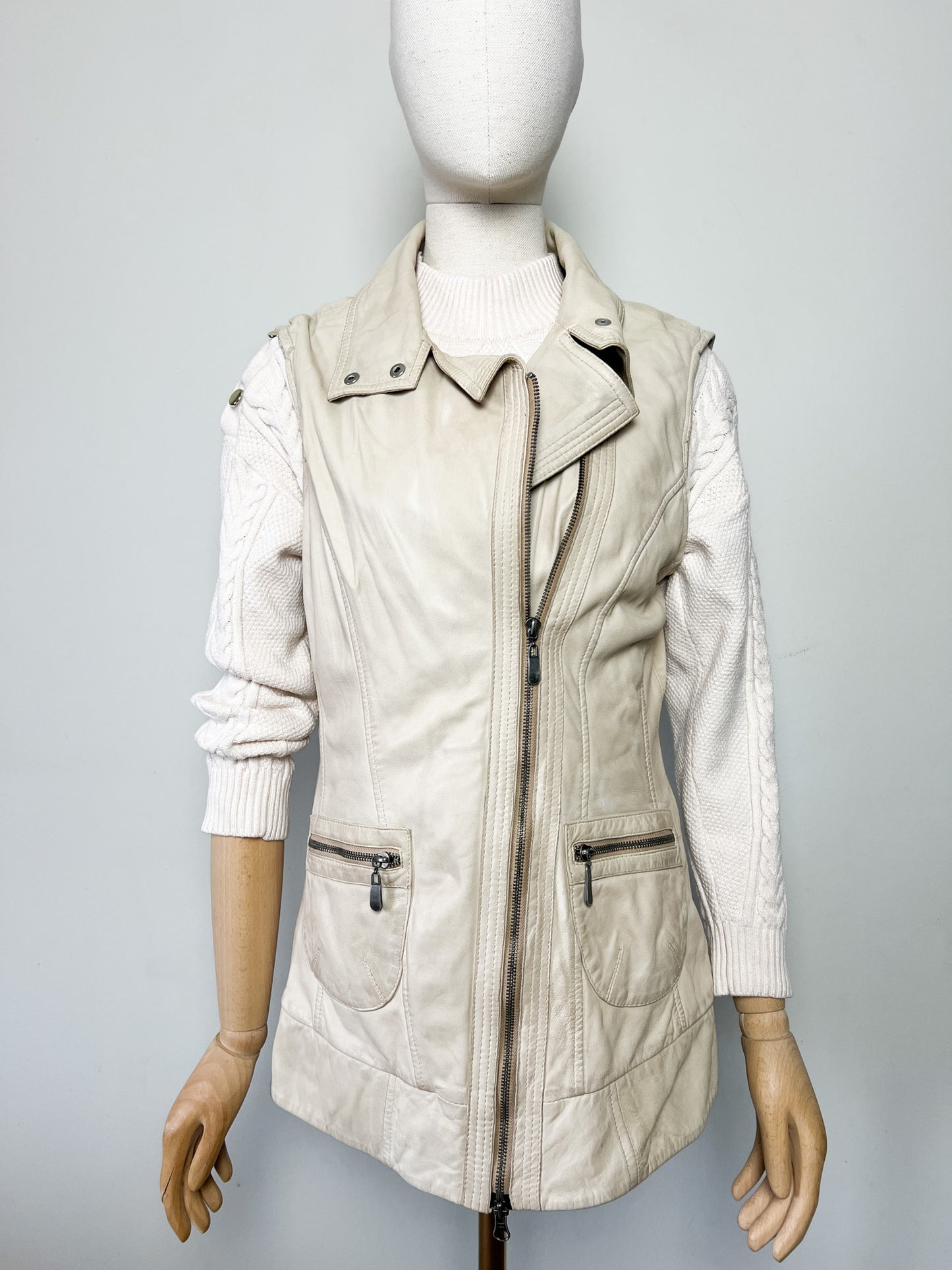 Veste Gilet en Cuir Souple Vintage Beige - Asymétrique Col Motard - Taille 38 (M)
