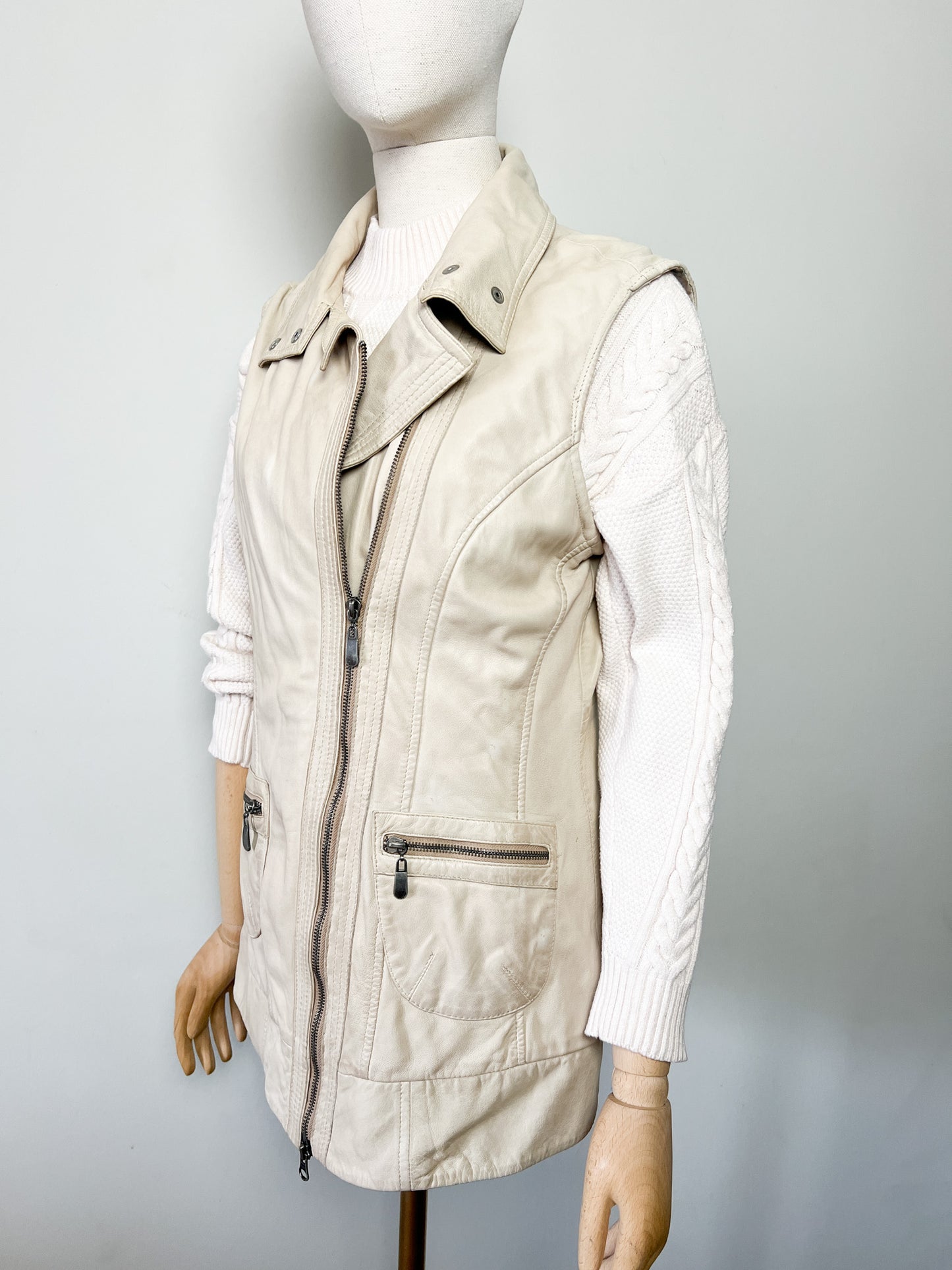 Veste Gilet en Cuir Souple Vintage Beige - Asymétrique Col Motard - Taille 38 (M)