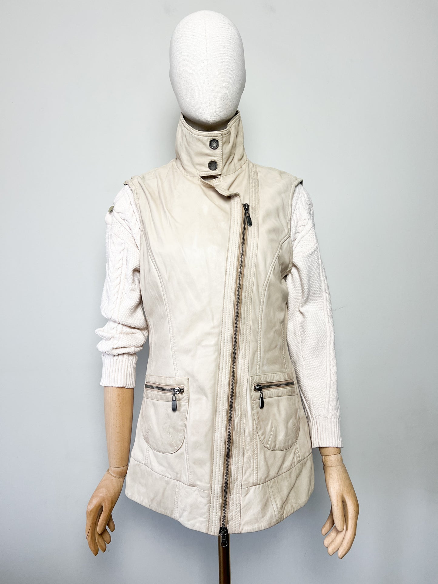 Veste Gilet en Cuir Souple Vintage Beige - Asymétrique Col Motard - Taille 38 (M)