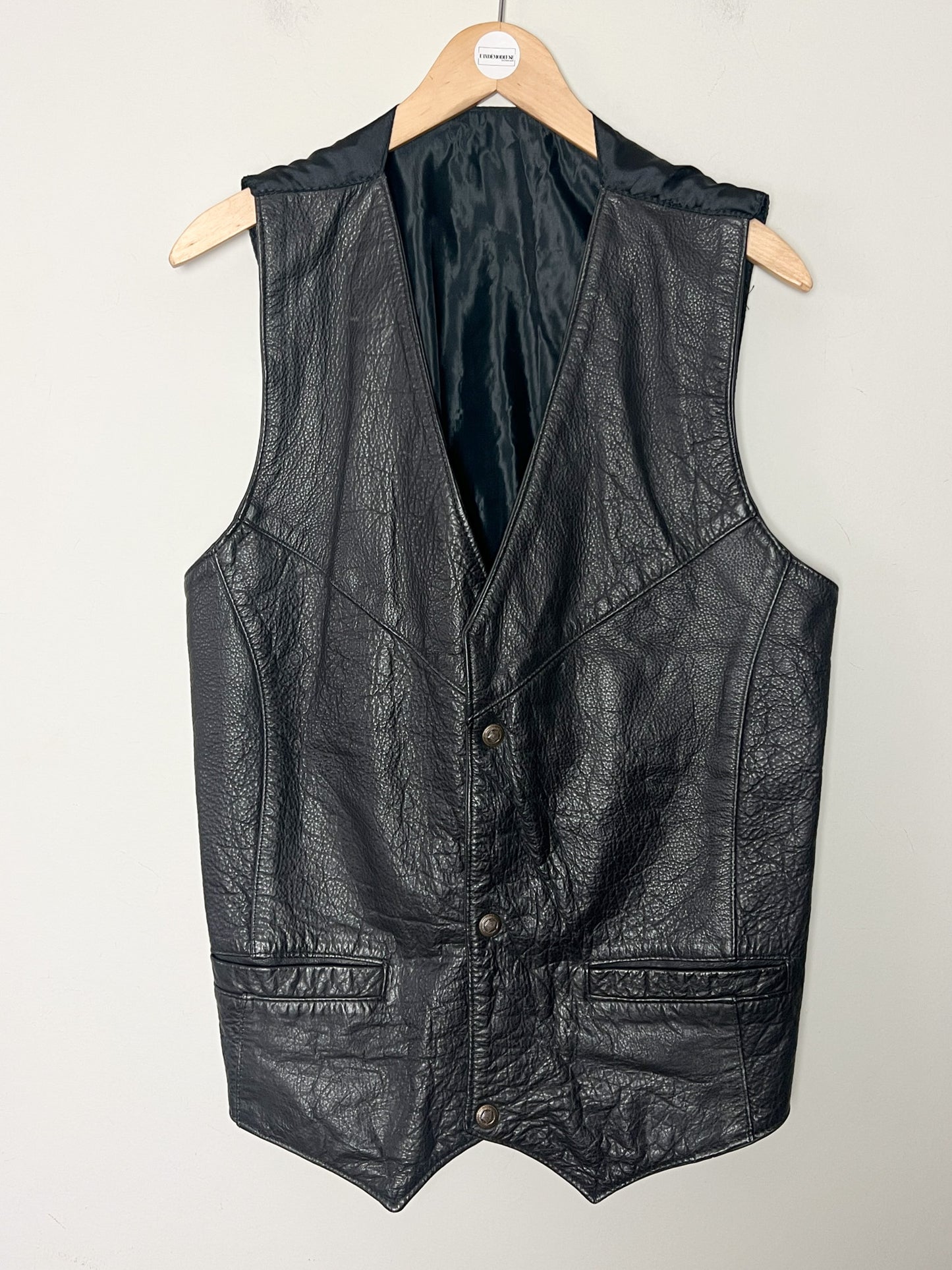 Gilet Motard Vintage 100% Cuir Noir Grainé - Fermeture Boutons Étoile