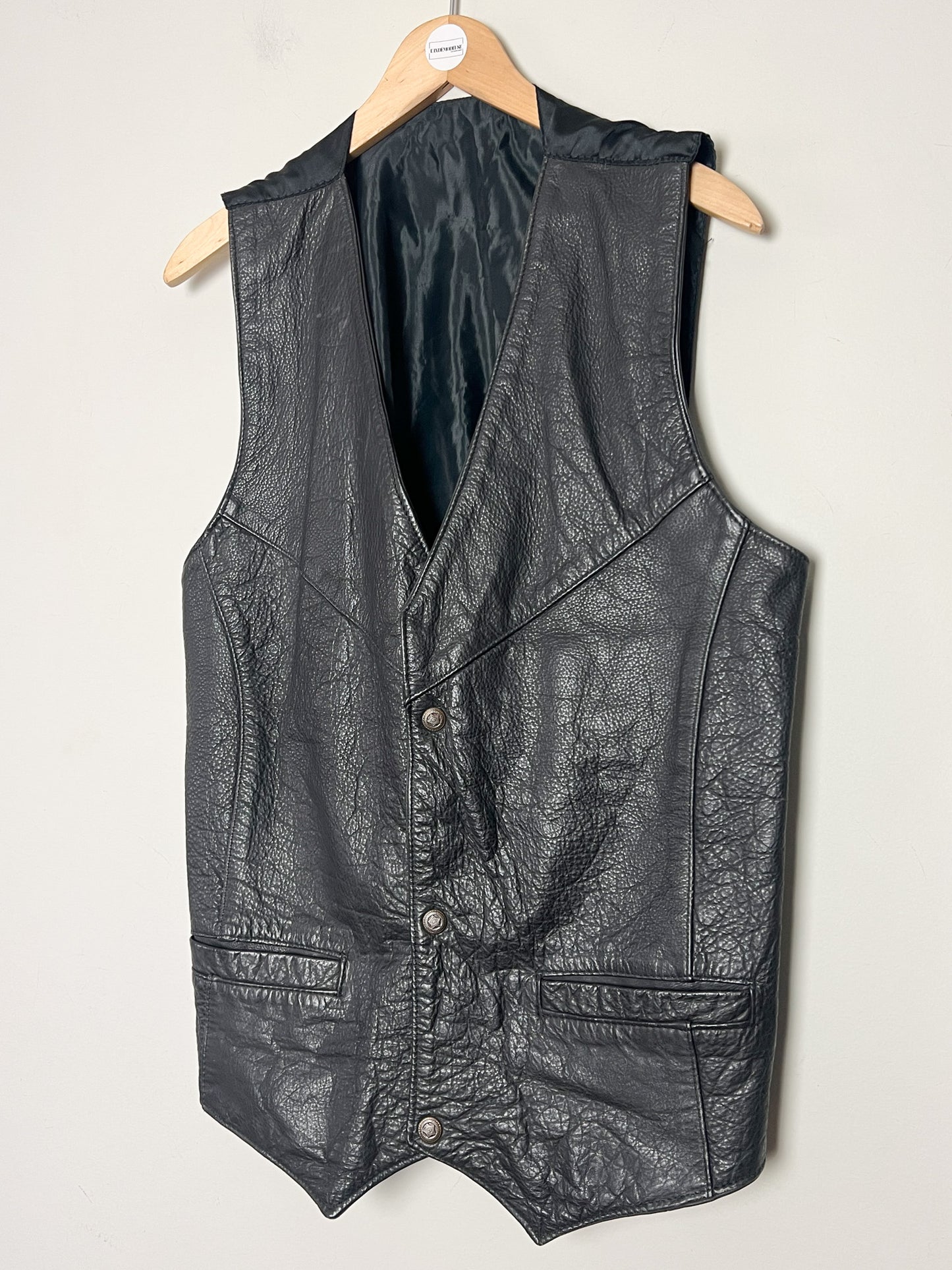 Gilet Motard Vintage 100% Cuir Noir Grainé - Fermeture Boutons Étoile