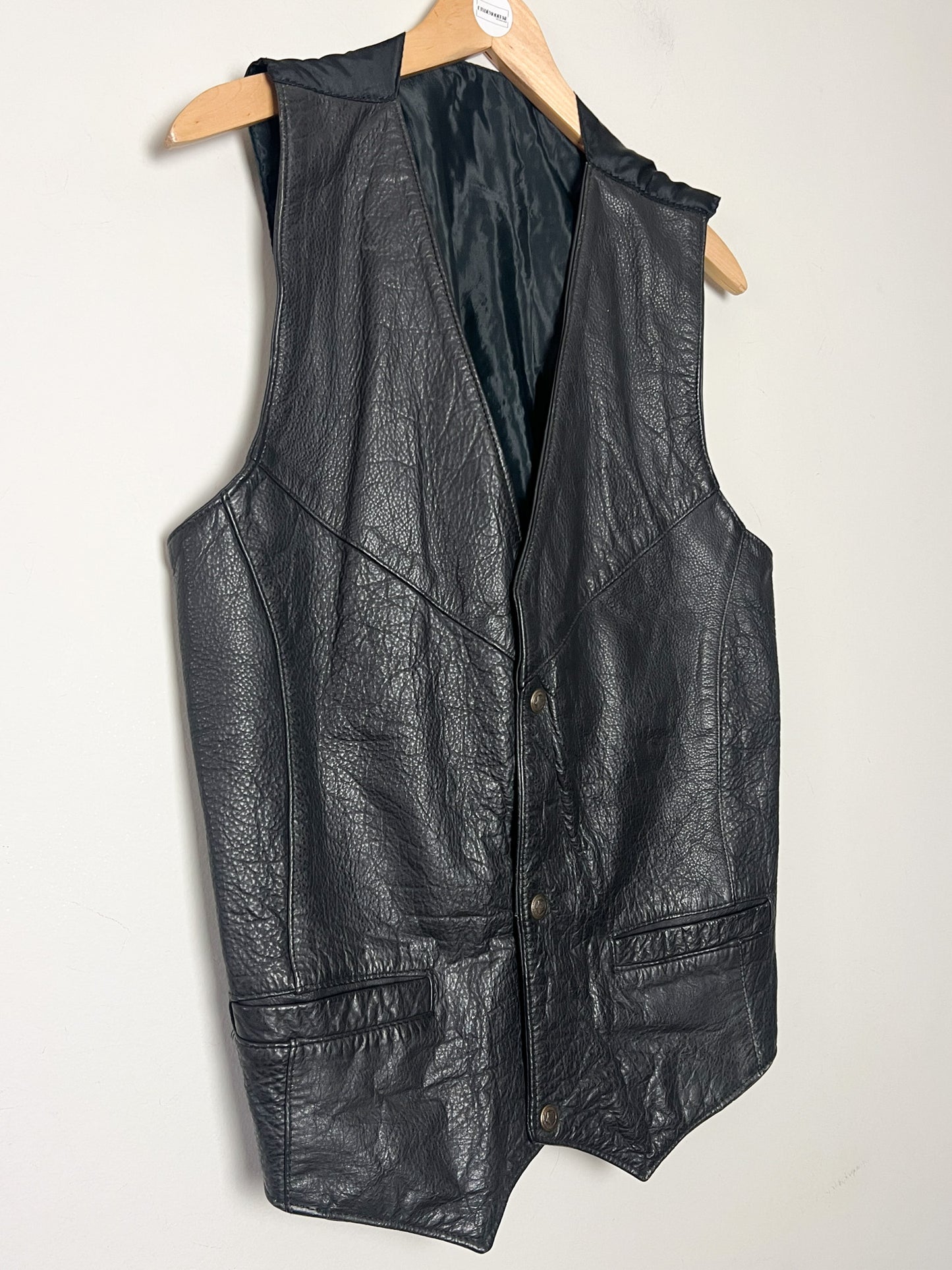 Gilet Motard Vintage 100% Cuir Noir Grainé - Fermeture Boutons Étoile