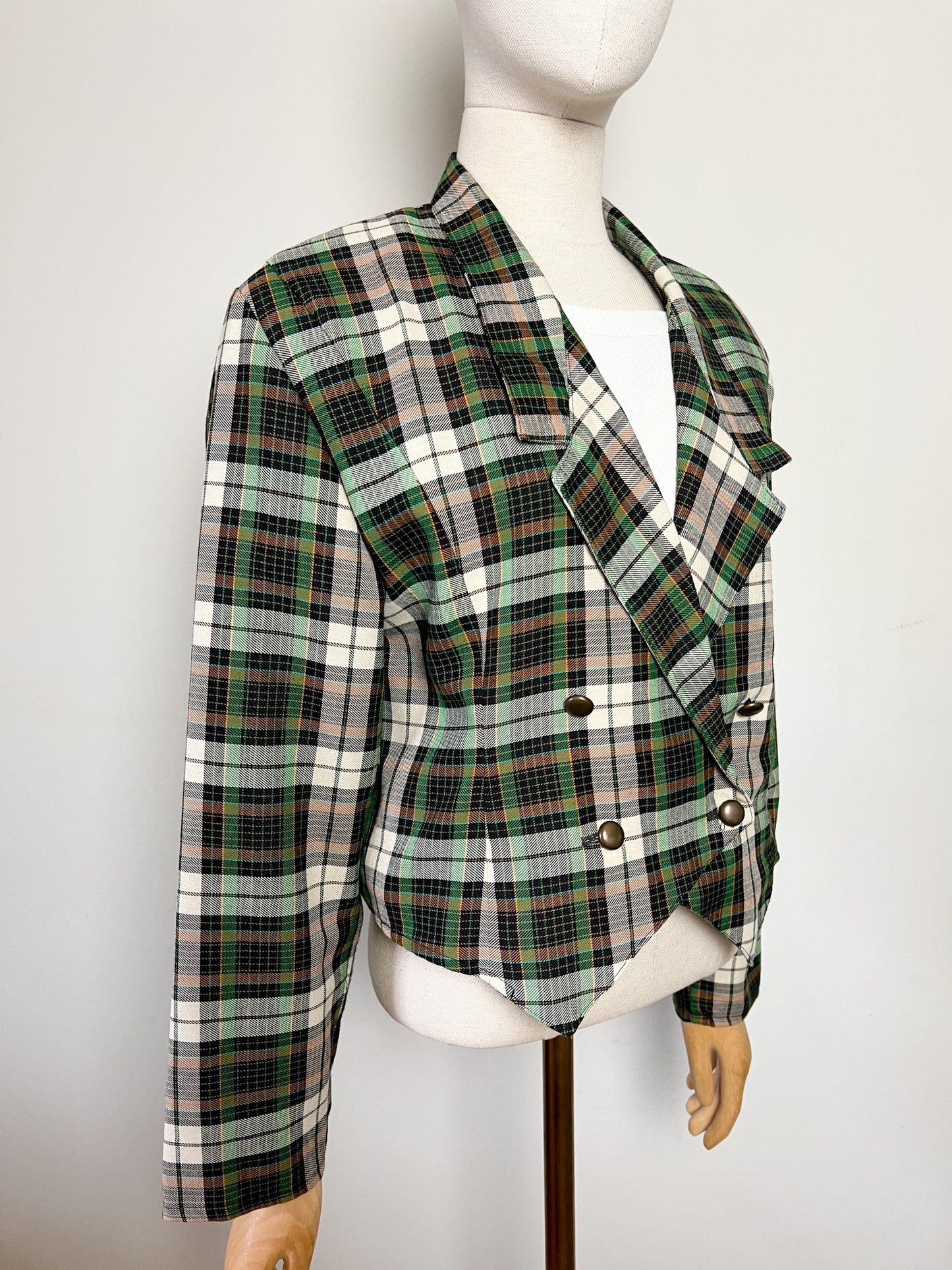 Veste Courte Tartan Vintage (Vert/Brun) - Croisée Fabriquée en France - T. 40 FR