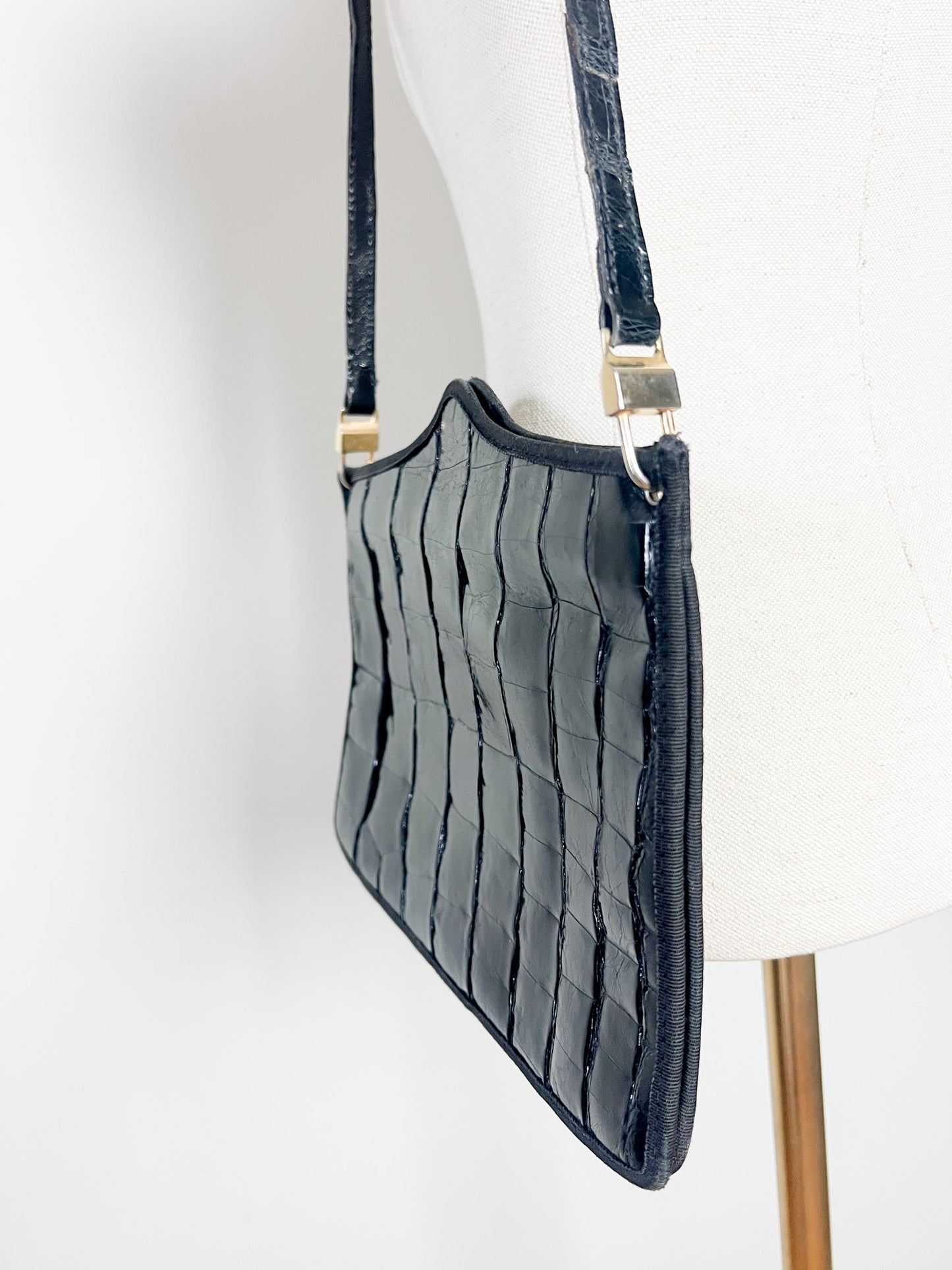 Pochette/Sac Épaule La Bagagerie Vintage - Cuir Verni Noir Gaufré Façon Croco