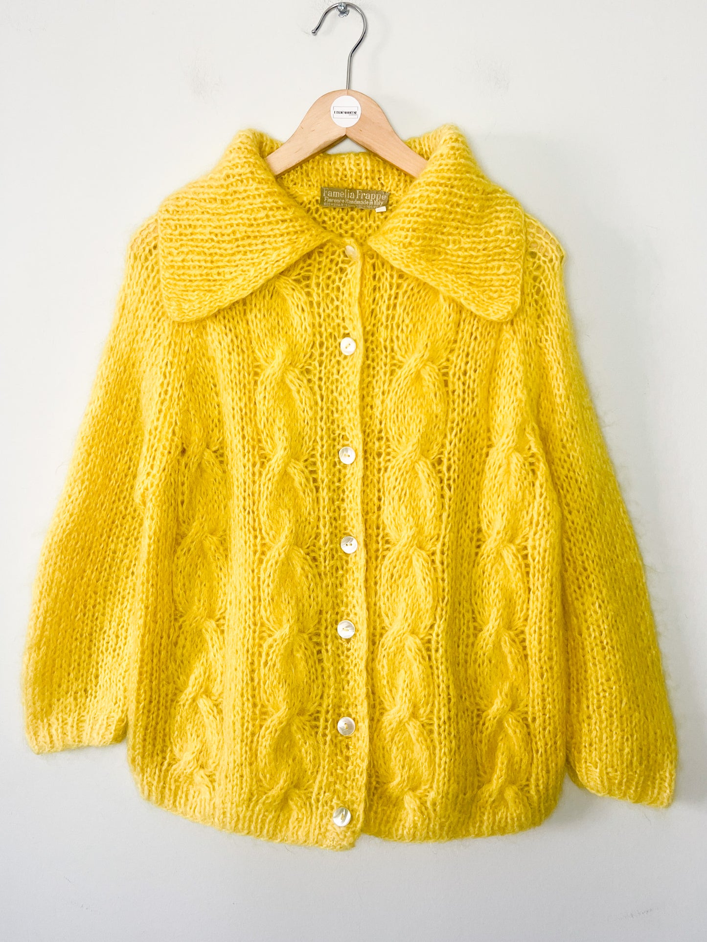 Cardigan Vintage Laine & 60% Mohair - Tricoté Main Torsades - Jaune Soleil - T. M/L