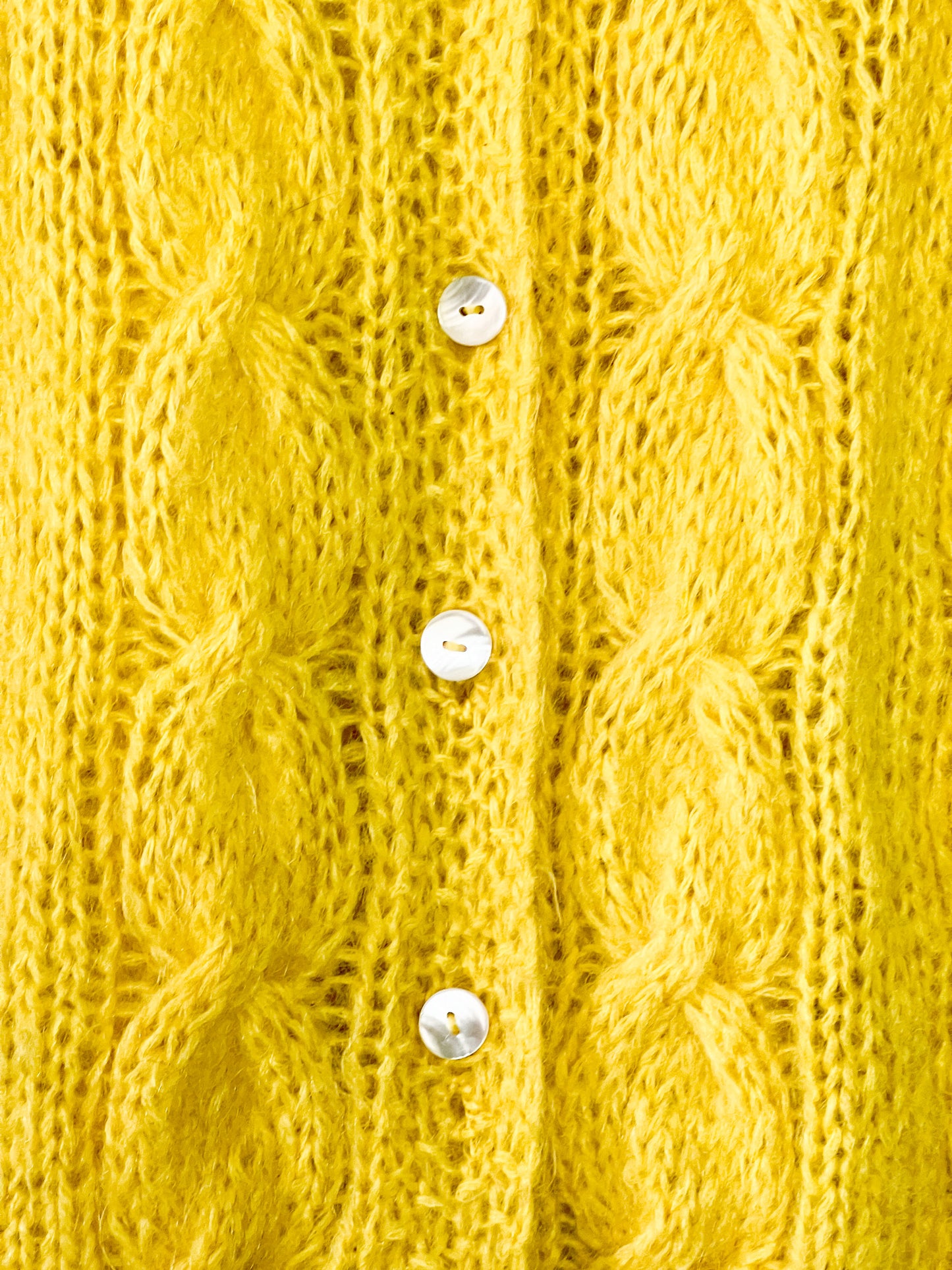 Cardigan Vintage Laine & 60% Mohair - Tricoté Main Torsades - Jaune Soleil - T. M/L