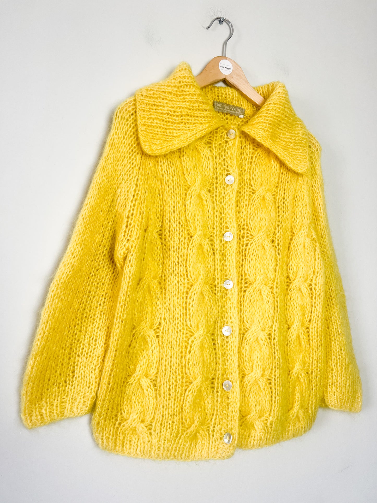 Cardigan Vintage Laine & 60% Mohair - Tricoté Main Torsades - Jaune Soleil - T. M/L