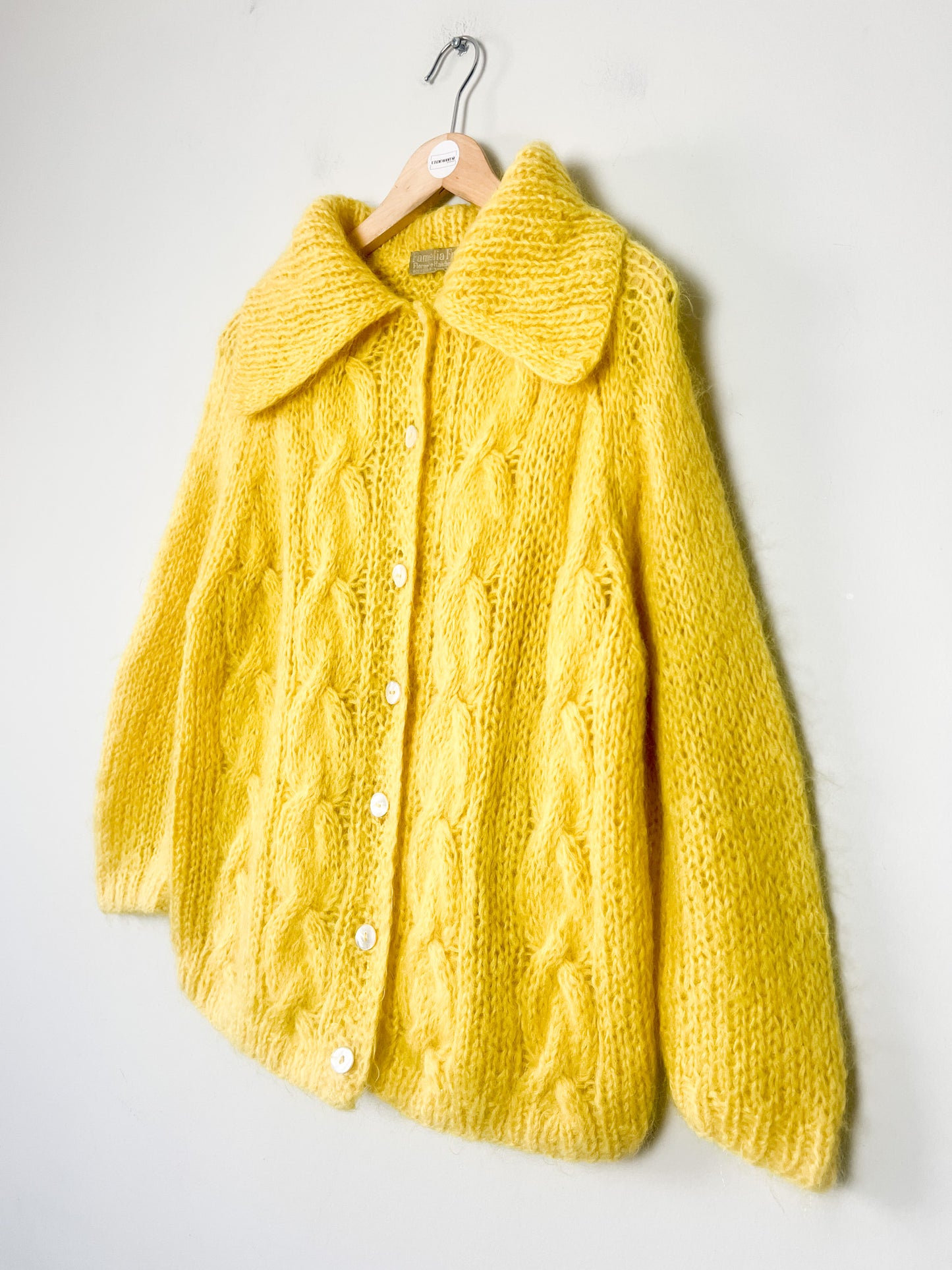 Cardigan Vintage Laine & 60% Mohair - Tricoté Main Torsades - Jaune Soleil - T. M/L