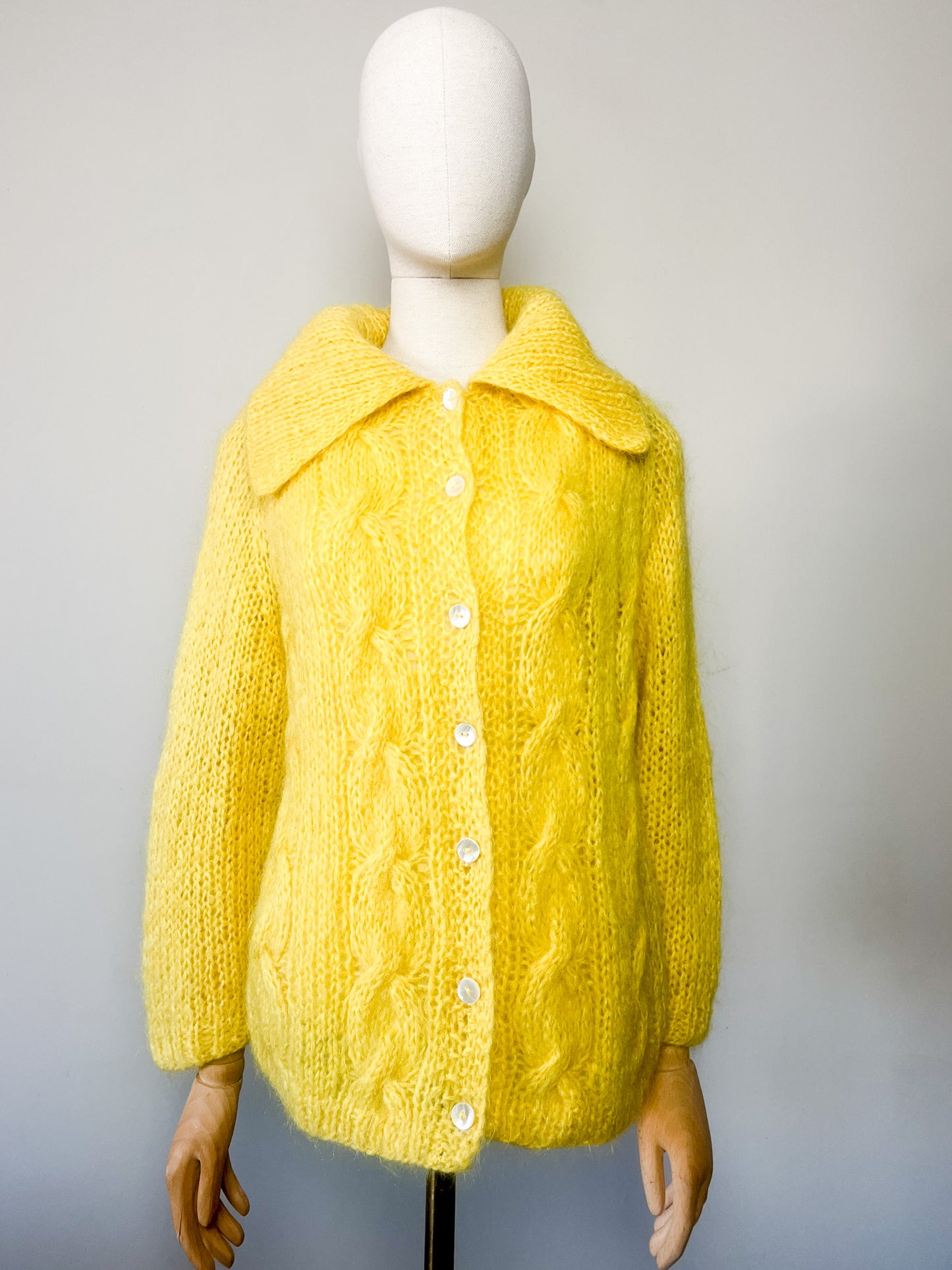 Cardigan Vintage Laine & 60% Mohair - Tricoté Main Torsades - Jaune Soleil - T. M/L
