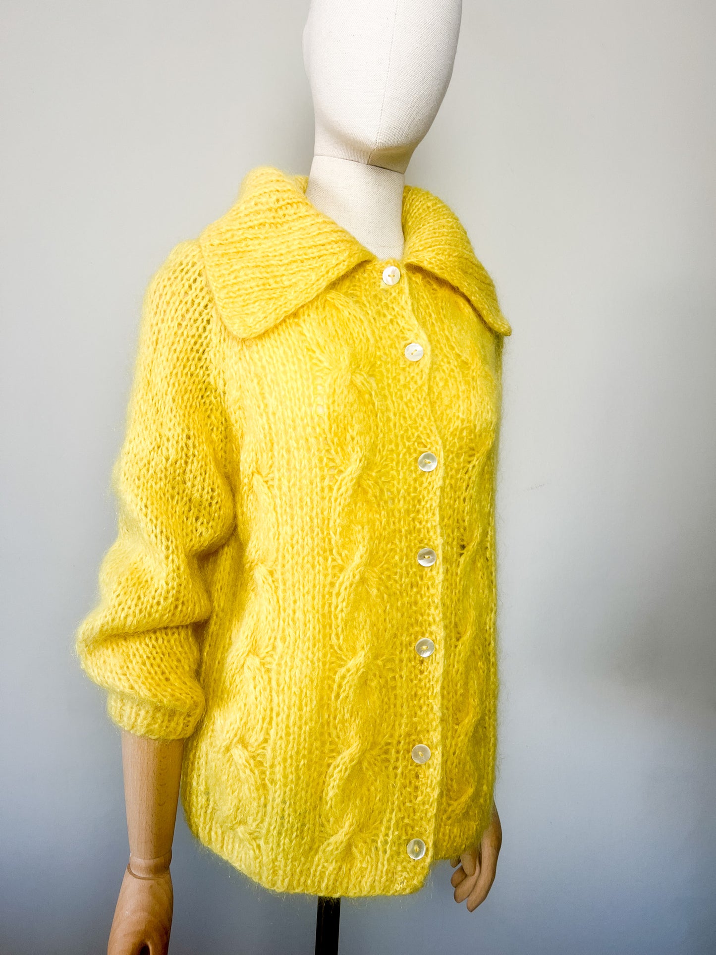 Cardigan Vintage Laine & 60% Mohair - Tricoté Main Torsades - Jaune Soleil - T. M/L