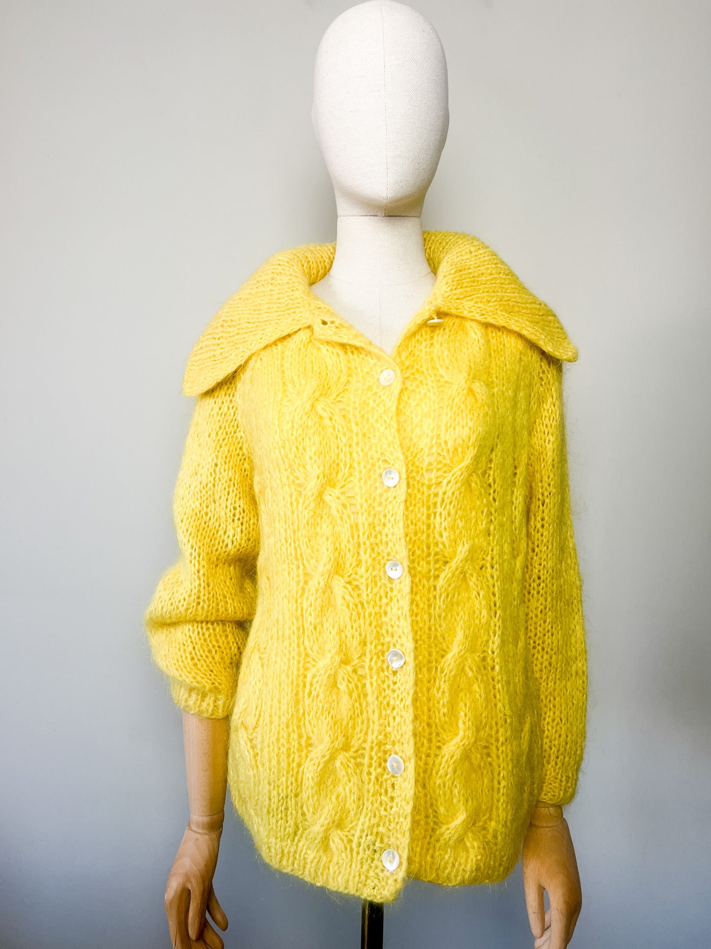 Cardigan Vintage Laine & 60% Mohair - Tricoté Main Torsades - Jaune Soleil - T. M/L
