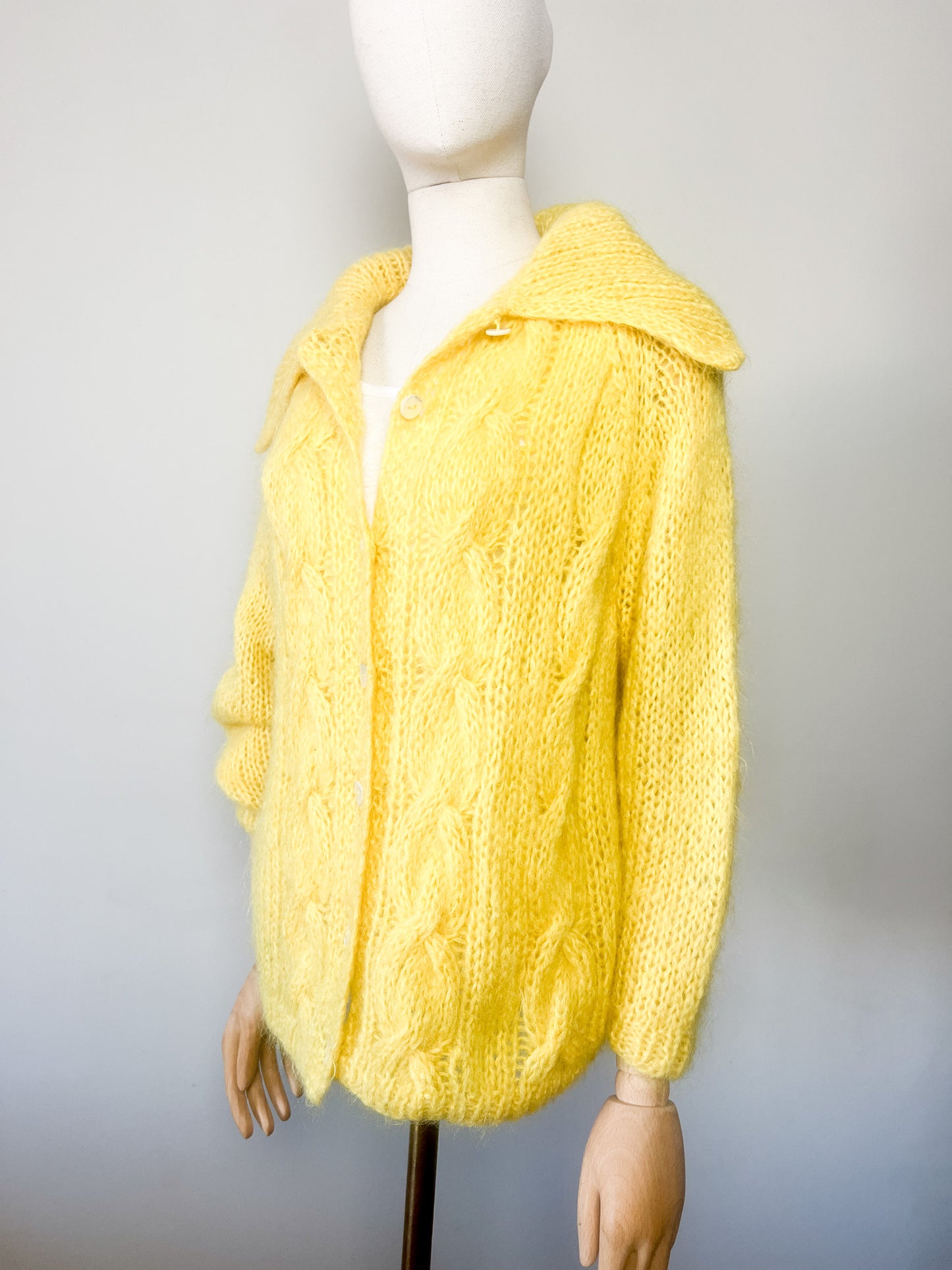 Cardigan Vintage Laine & 60% Mohair - Tricoté Main Torsades - Jaune Soleil - T. M/L