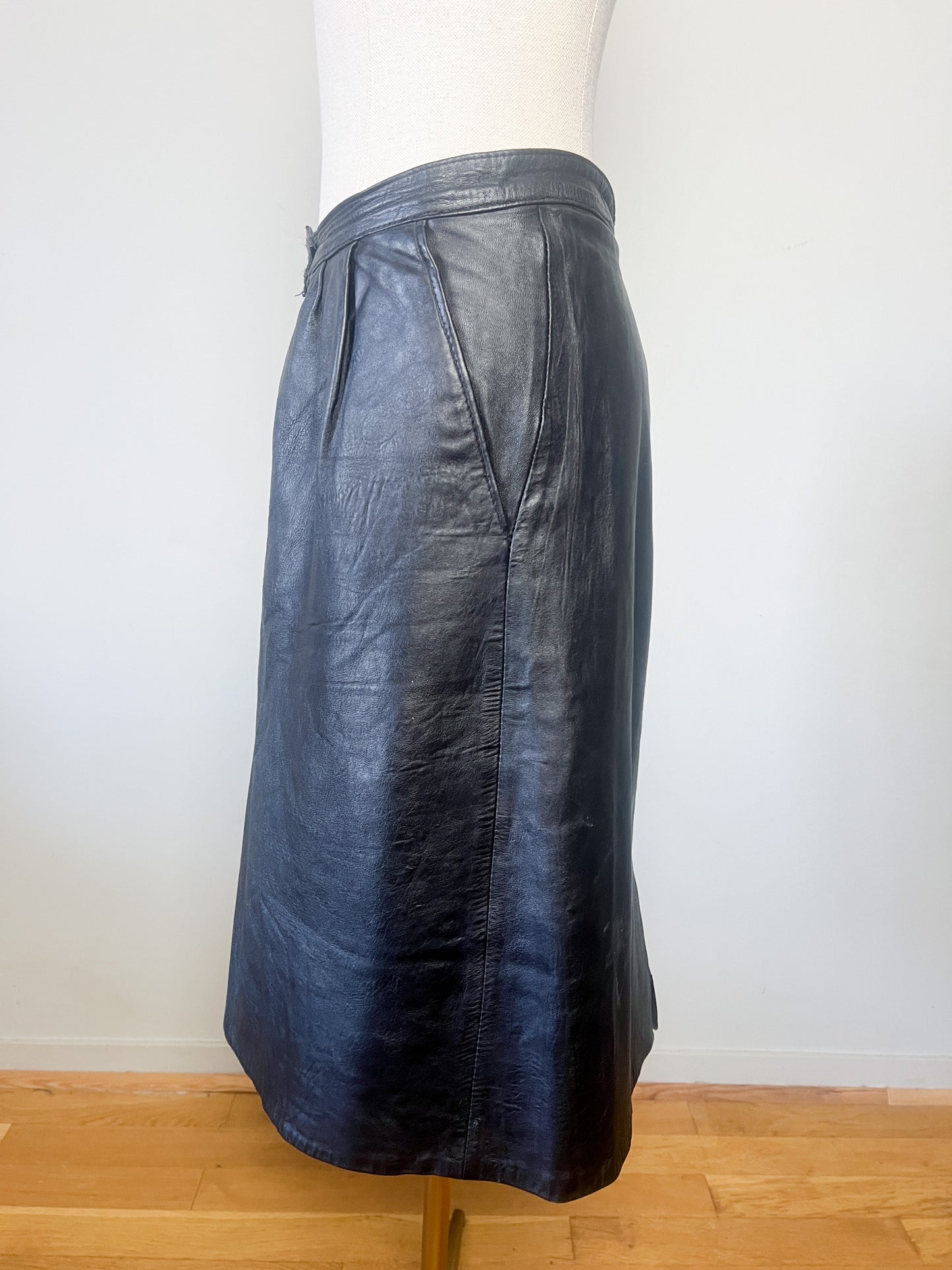 Jupe Crayon Vintage Cuir Noir - Design Géométrique Années 90 - T. 46 (XL)