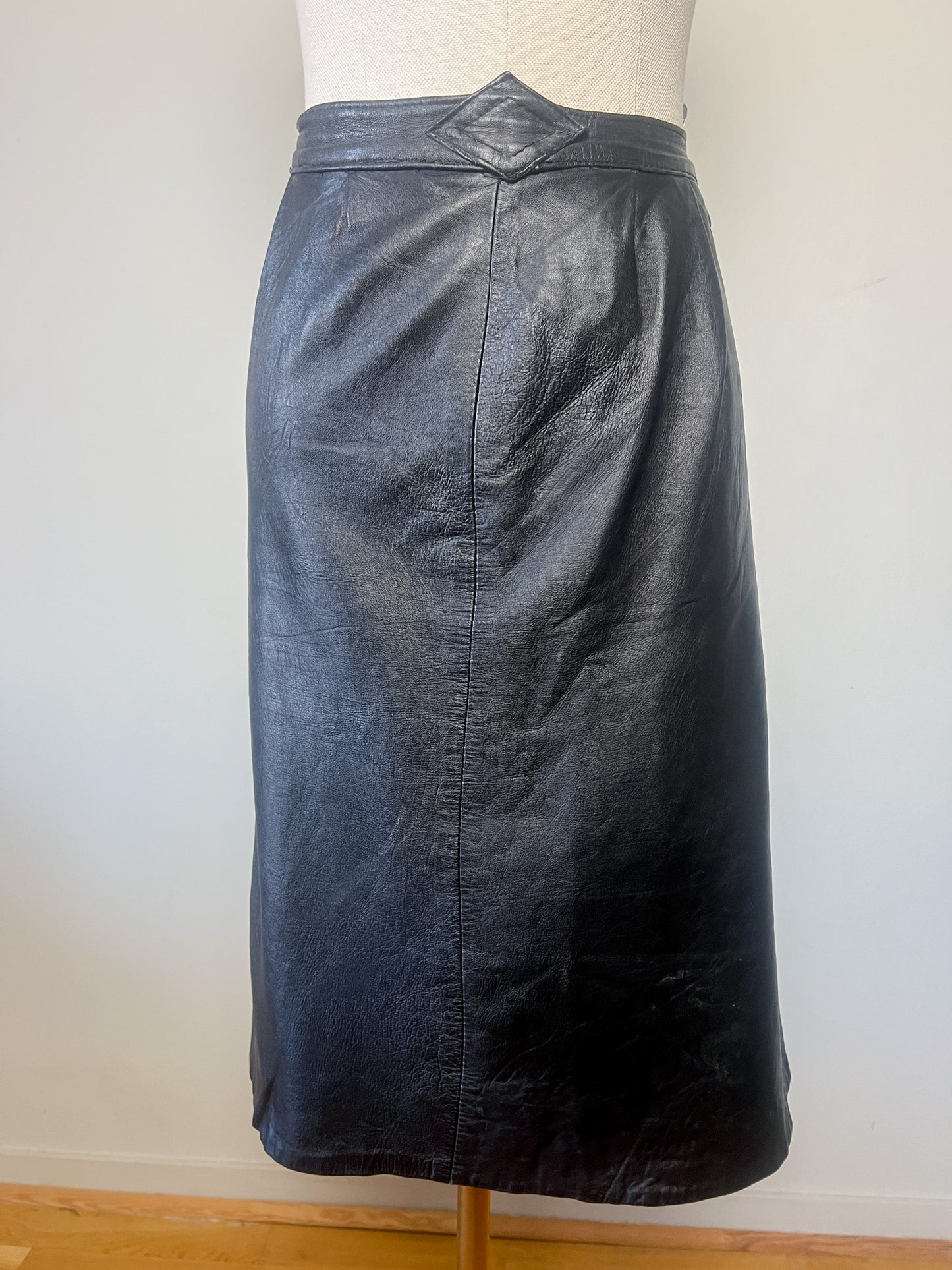 Jupe Crayon Vintage Cuir Noir - Design Géométrique Années 90 - T. 46 (XL)