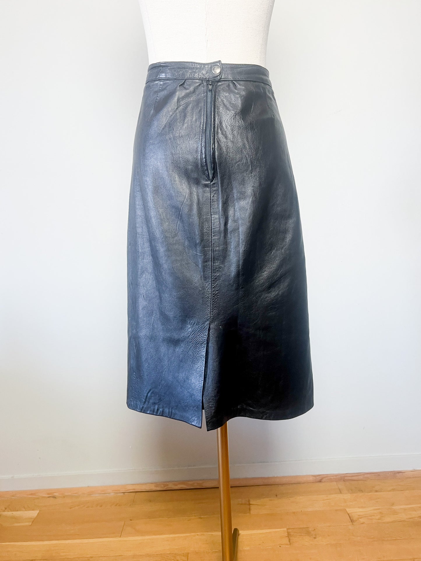 Jupe Crayon Vintage Cuir Noir - Design Géométrique Années 90 - T. 46 (XL)