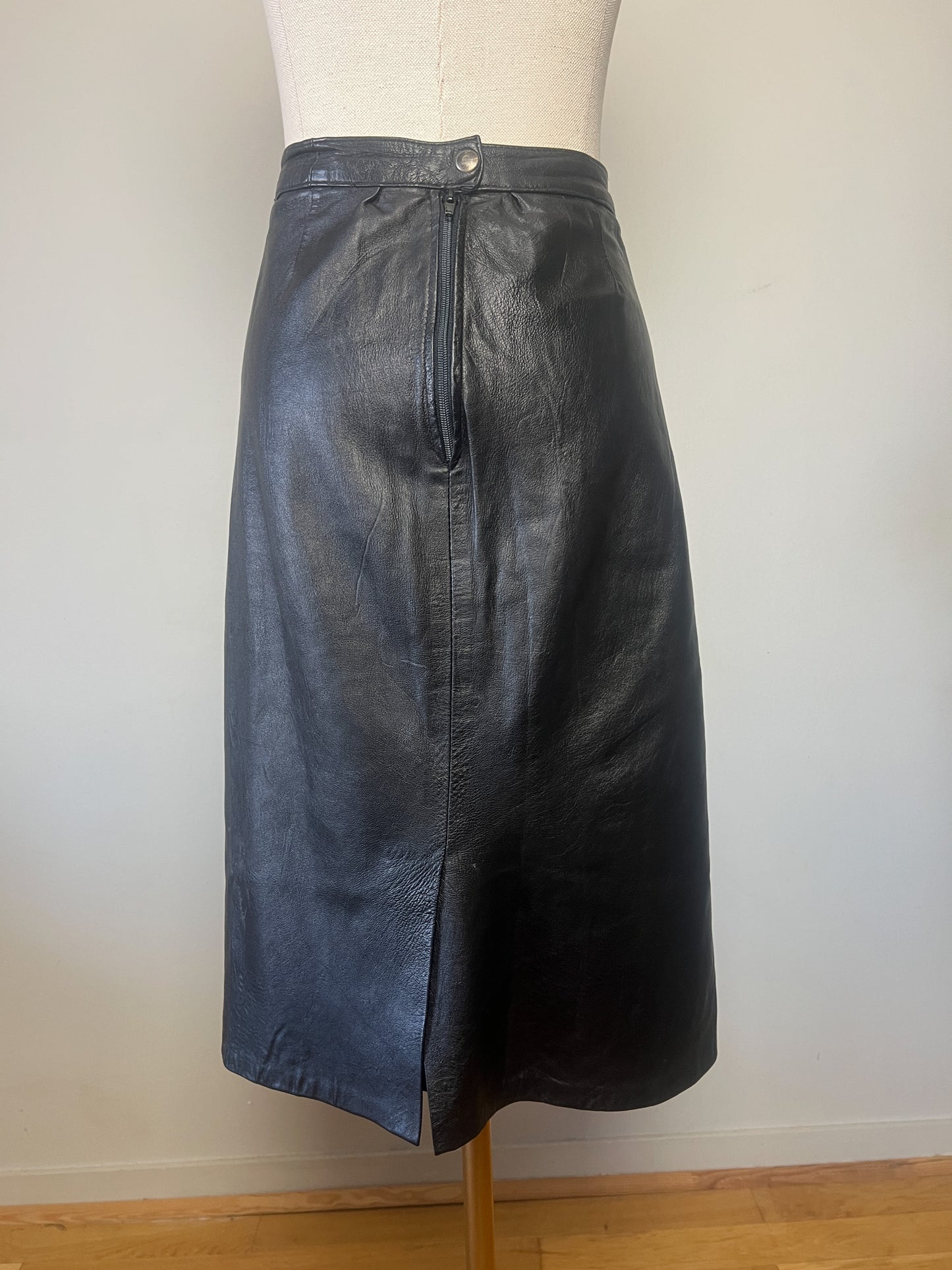 Jupe Crayon Vintage Cuir Noir - Design Géométrique Années 90 - T. 46 (XL)