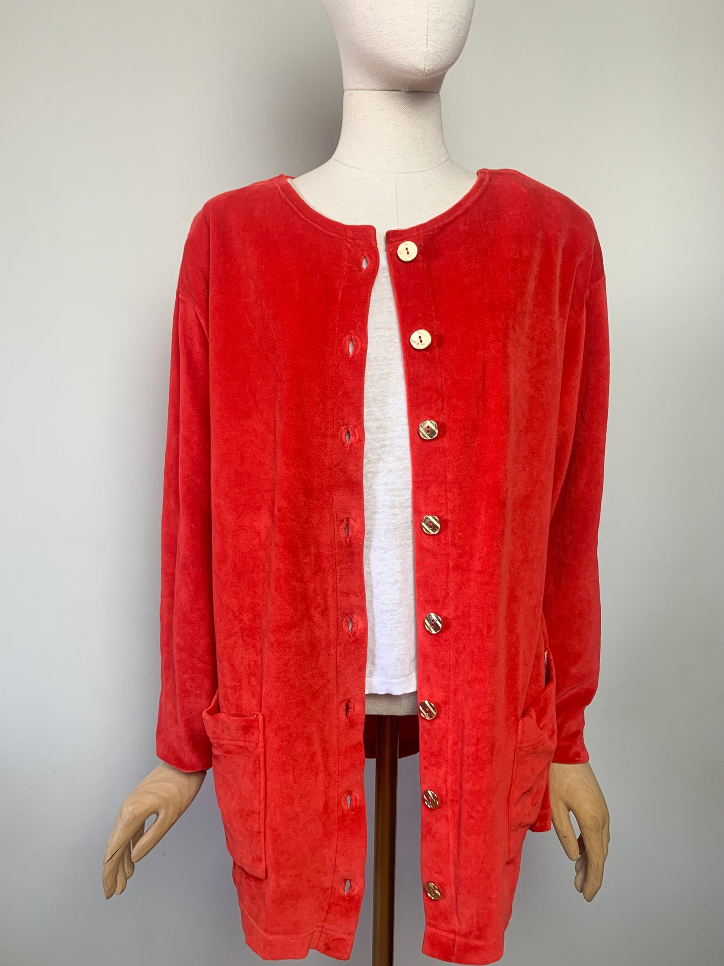 Cardigan/ veste en velours rasé rouge orangé vintage