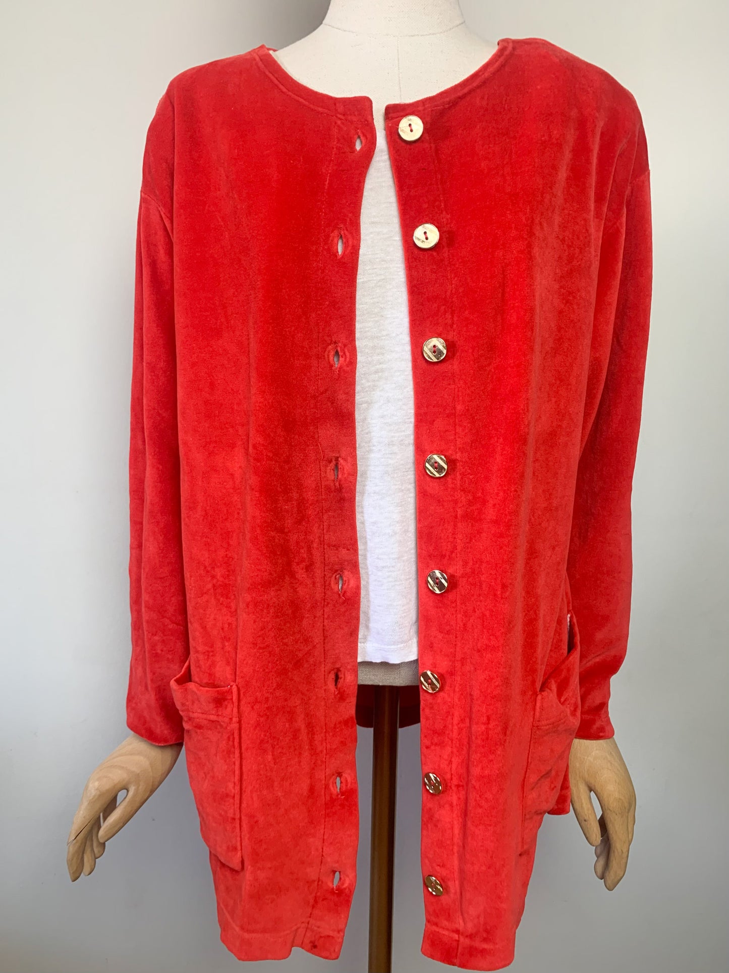Cardigan/ veste en velours rasé rouge orangé vintage