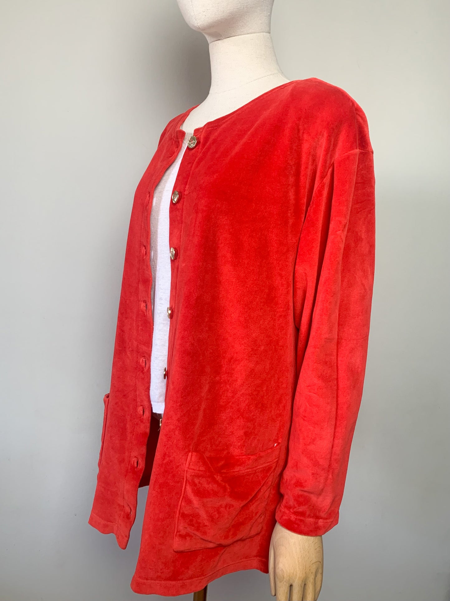 Cardigan/ veste en velours rasé rouge orangé vintage