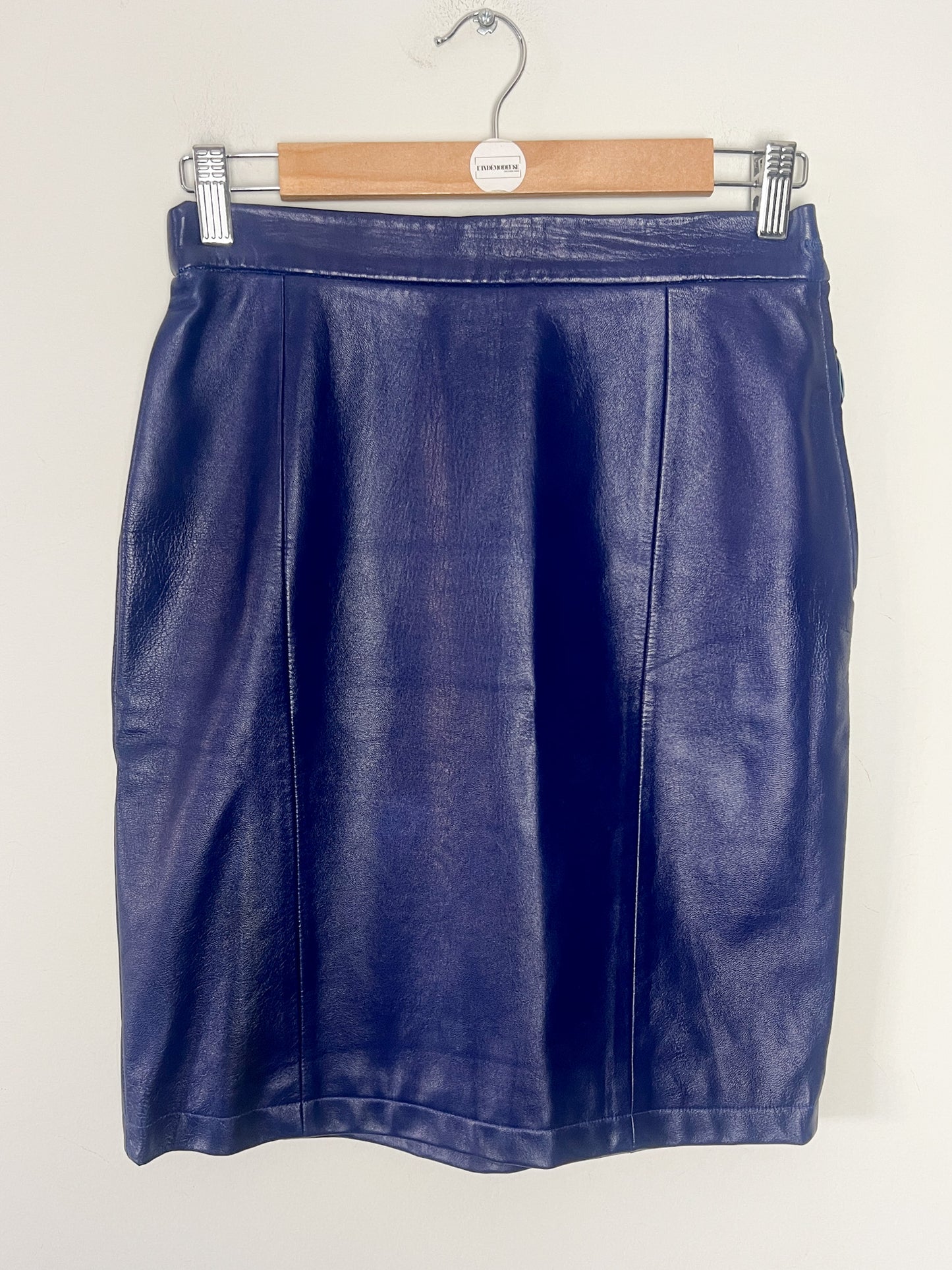 Jupe Droite en Cuir Souple Bleu Encre - Longueur Genou - Style Vintage T. S/M