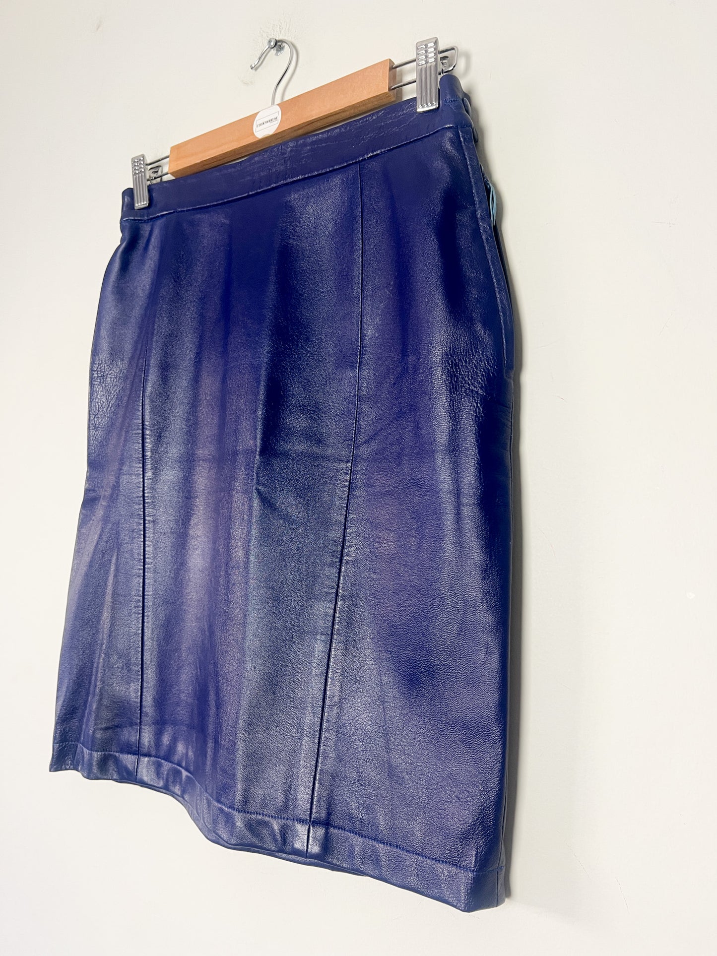 Jupe Droite en Cuir Souple Bleu Encre - Longueur Genou - Style Vintage T. S/M
