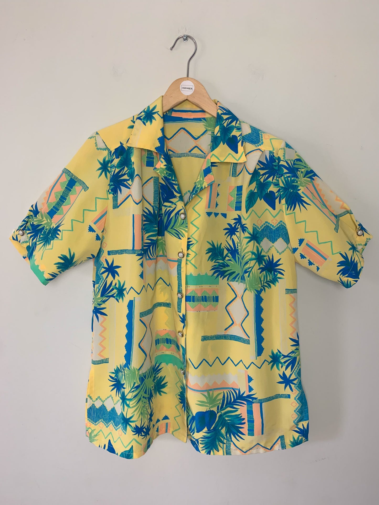 Chemise femme manches courtes jaune imprimé style hawaïen vintage