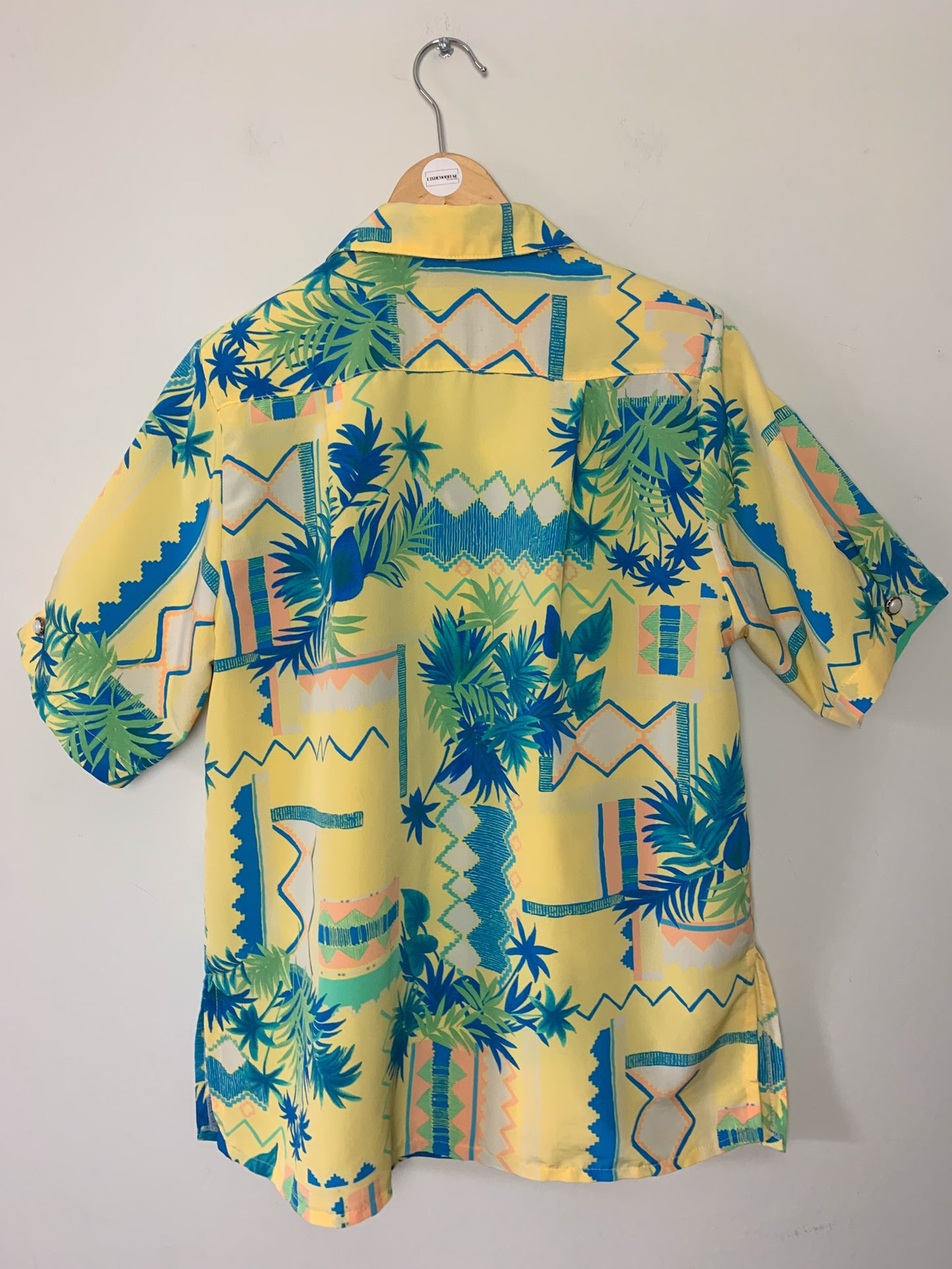 Chemise femme manches courtes jaune imprimé style hawaïen vintage