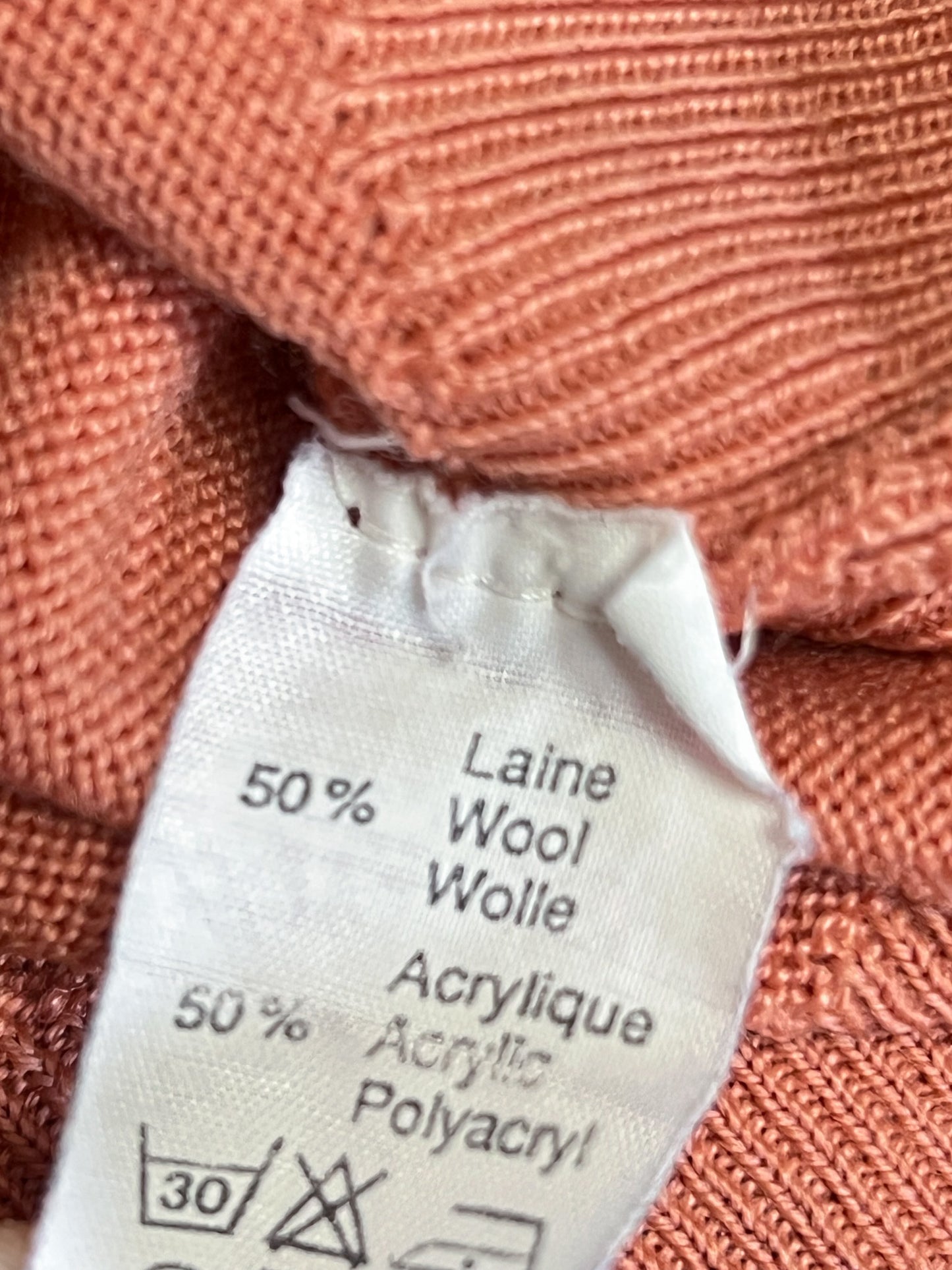 Pull Vintage Années 90 – Beige Rosé – Col Chemisé Boutonné – Laine & Acrylique – Montagut -Taille 38/40