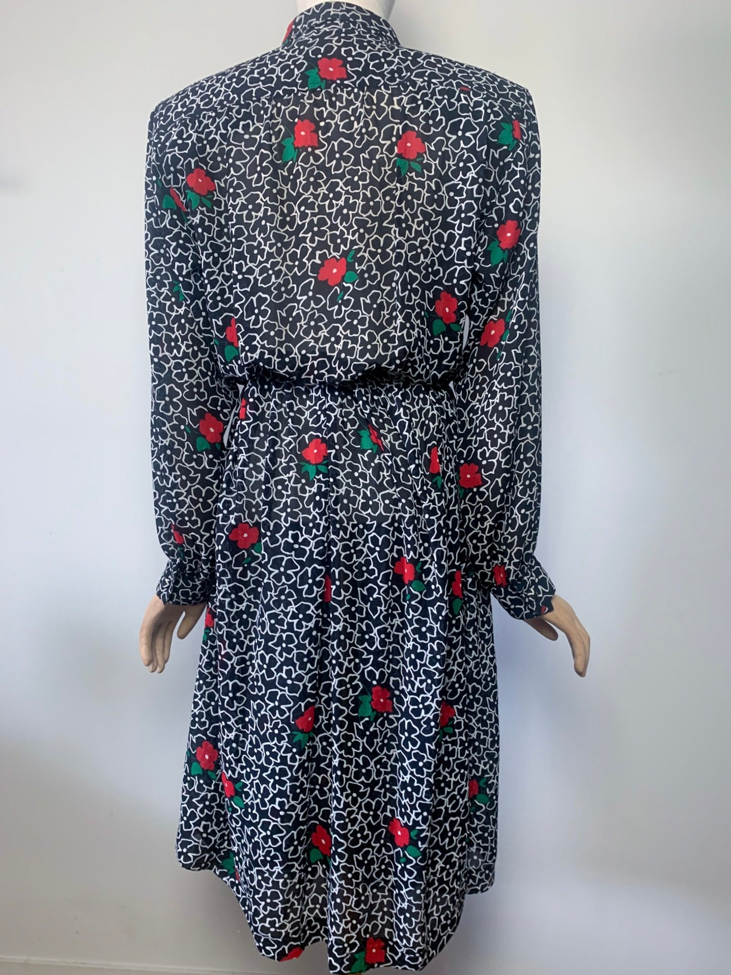 Robe Vintage LESLIE FAY - Imprimé Floral Noir, Rouge & Vert - Épaules Structurées - Années 80 - T. 40/42 FR (L)