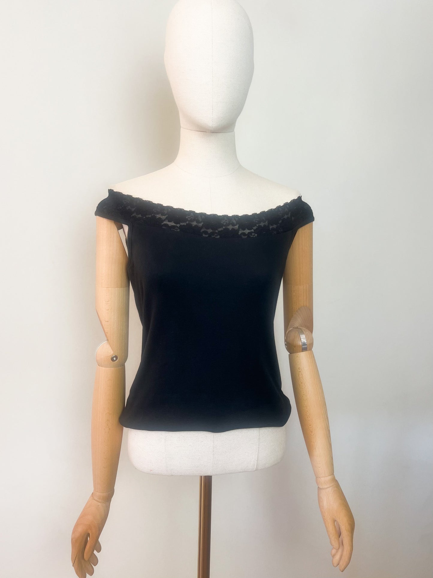 Top Vintage Années 90 Noir Épaules Dénudées & Dentelle – 100% Coton – Taille 34/36