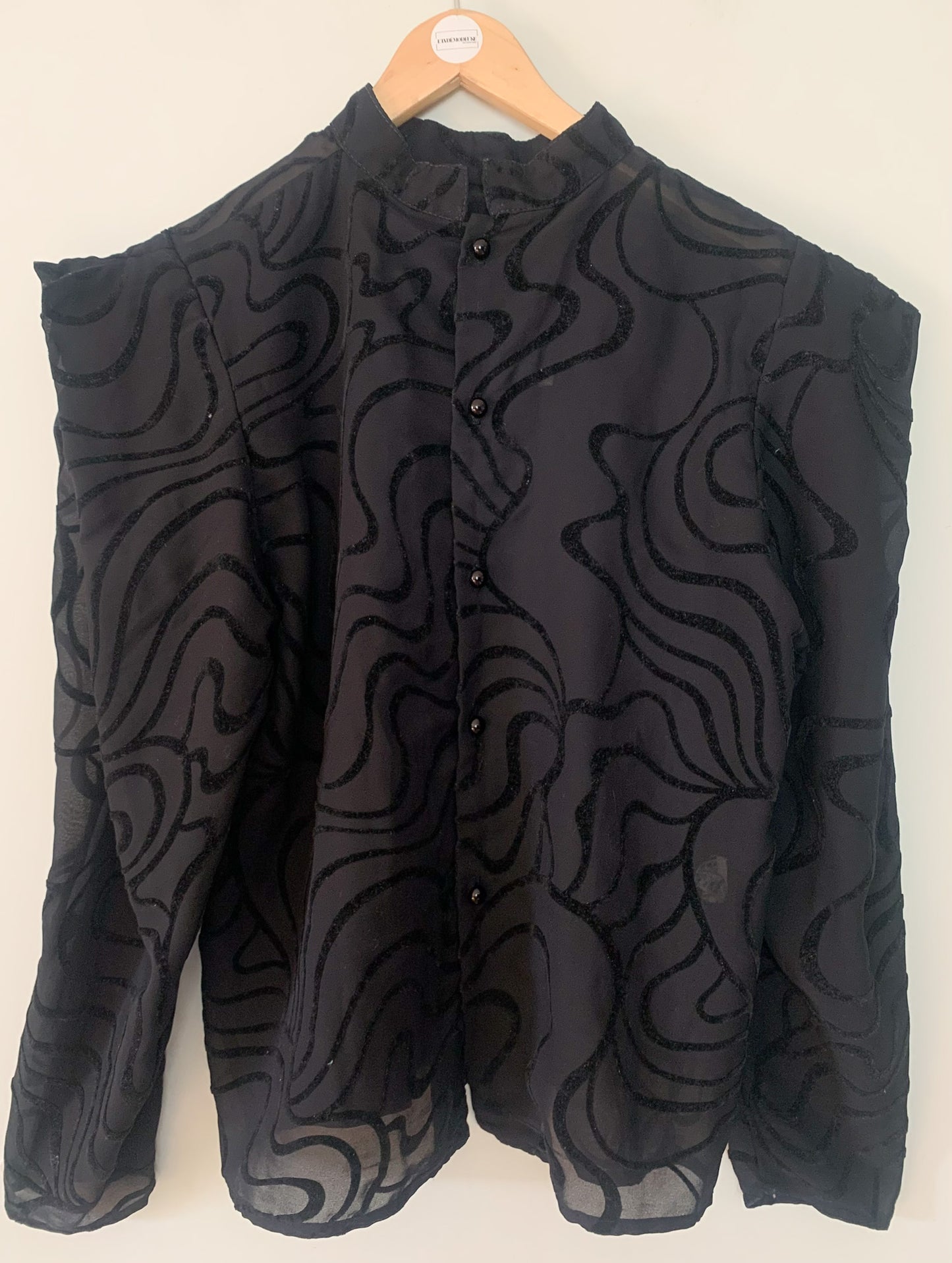 Blouse Vintage Années 80 Marc Obadia x Léonard de Cœur - Voile Noir et Velours Floqué