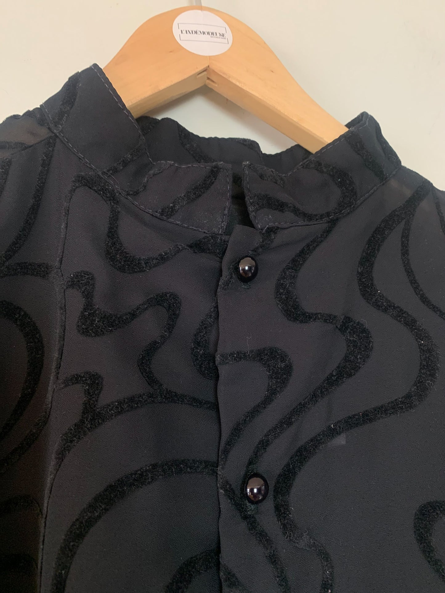 Blouse Vintage Années 80 Marc Obadia x Léonard de Cœur - Voile Noir et Velours Floqué