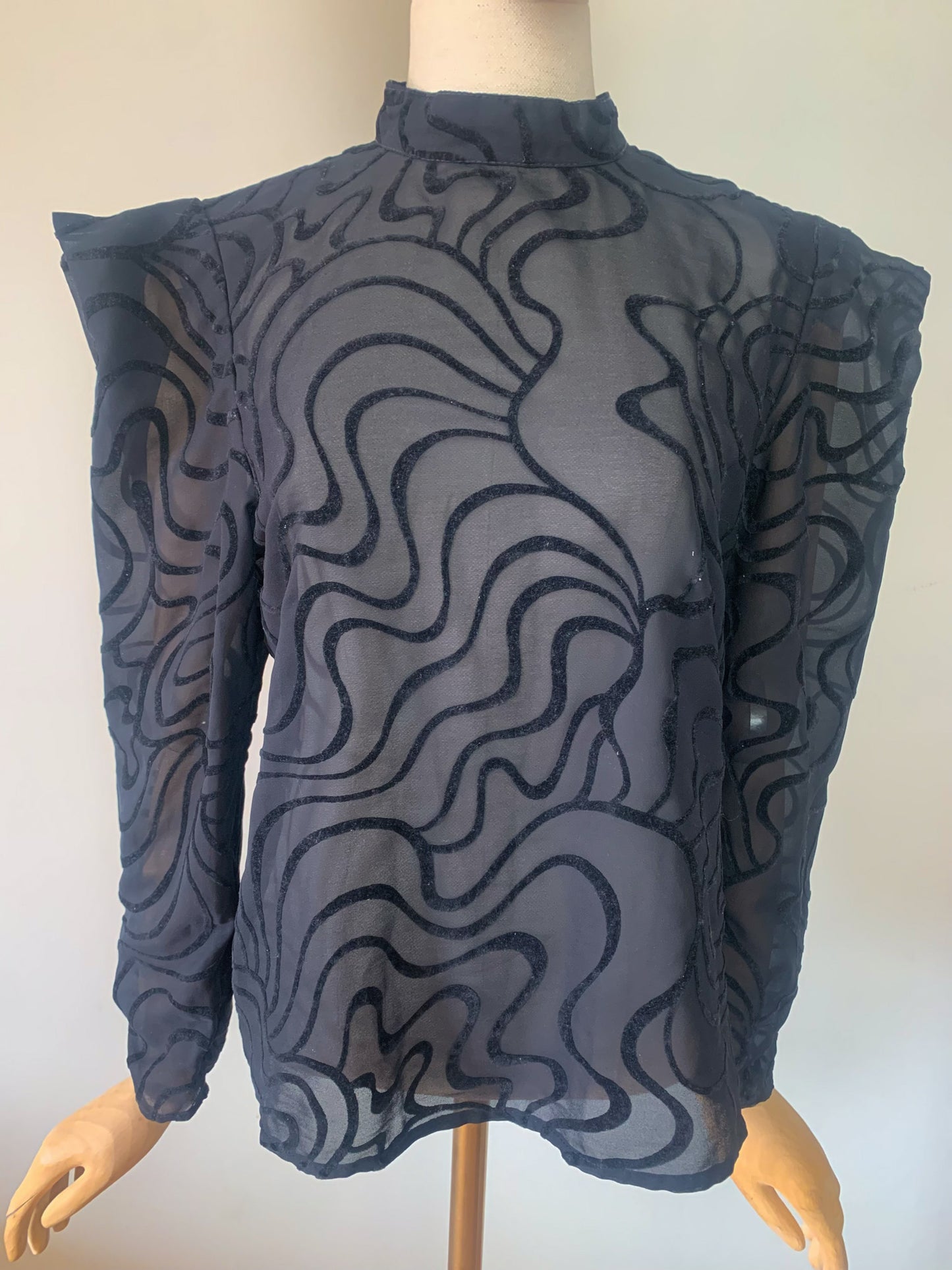 Blouse Vintage Années 80 Marc Obadia x Léonard de Cœur - Voile Noir et Velours Floqué