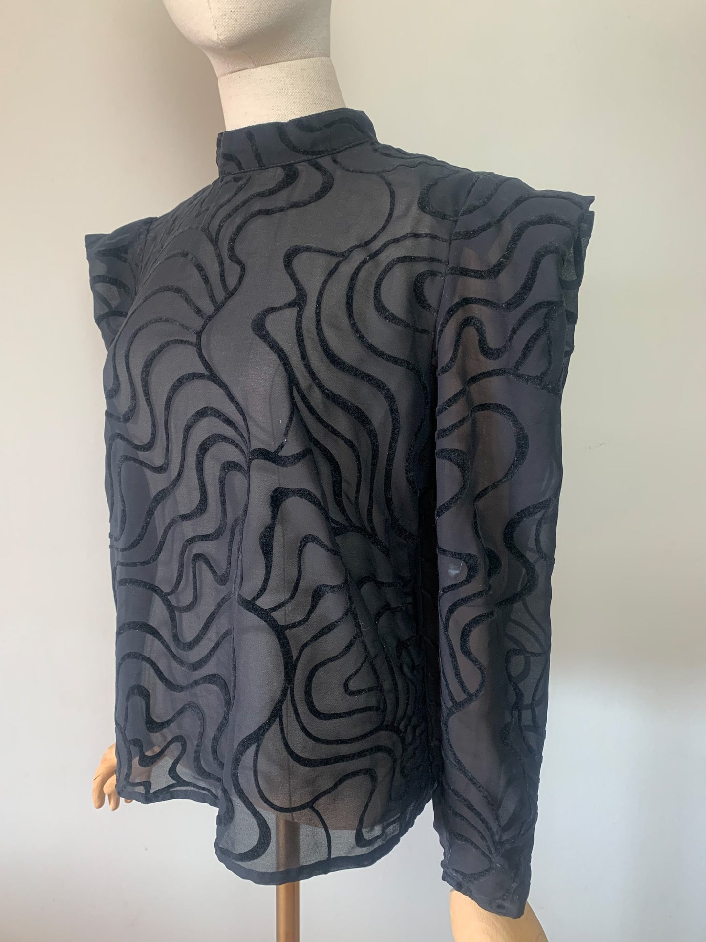 Blouse Vintage Années 80 Marc Obadia x Léonard de Cœur - Voile Noir et Velours Floqué
