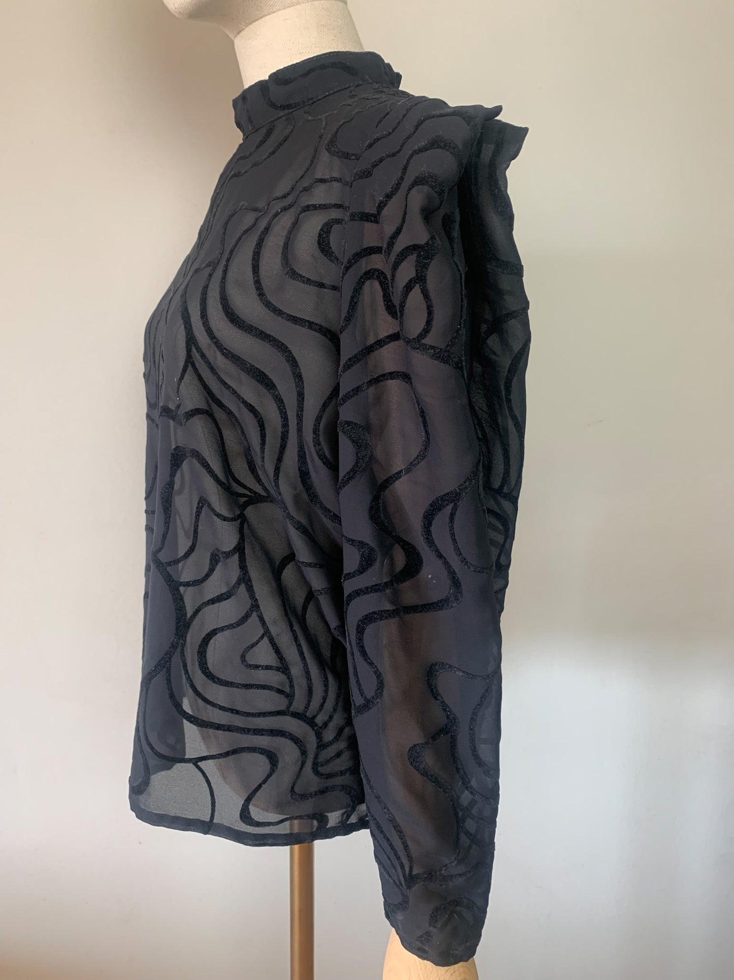Blouse Vintage Années 80 Marc Obadia x Léonard de Cœur - Voile Noir et Velours Floqué