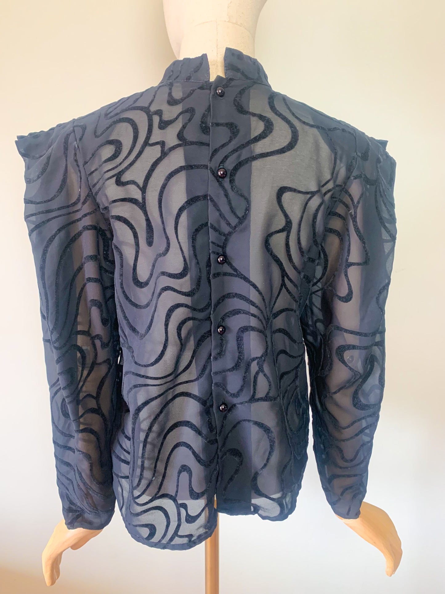 Blouse Vintage Années 80 Marc Obadia x Léonard de Cœur - Voile Noir et Velours Floqué