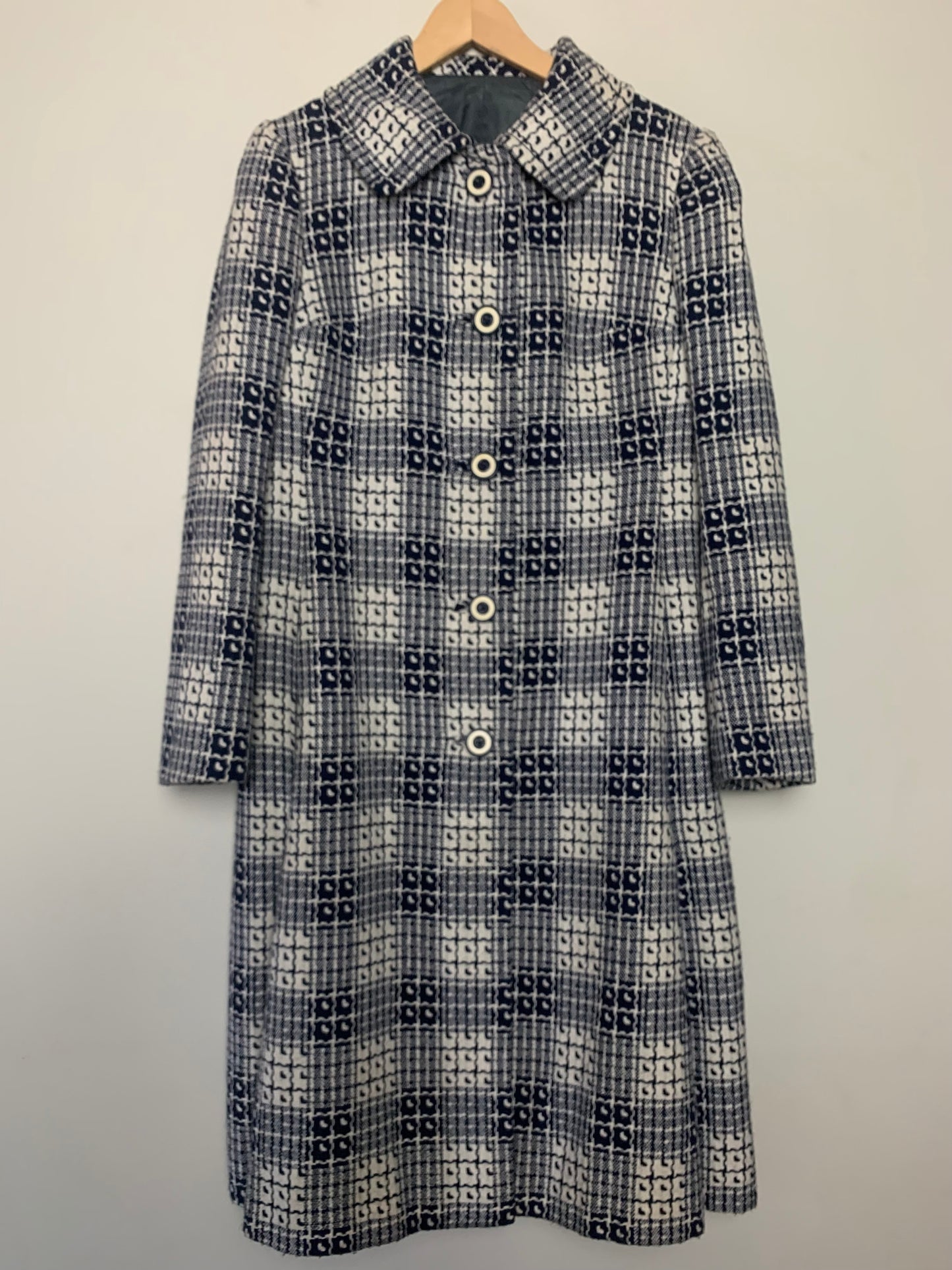 Manteau mi long en laine tissé marine et crème vintage