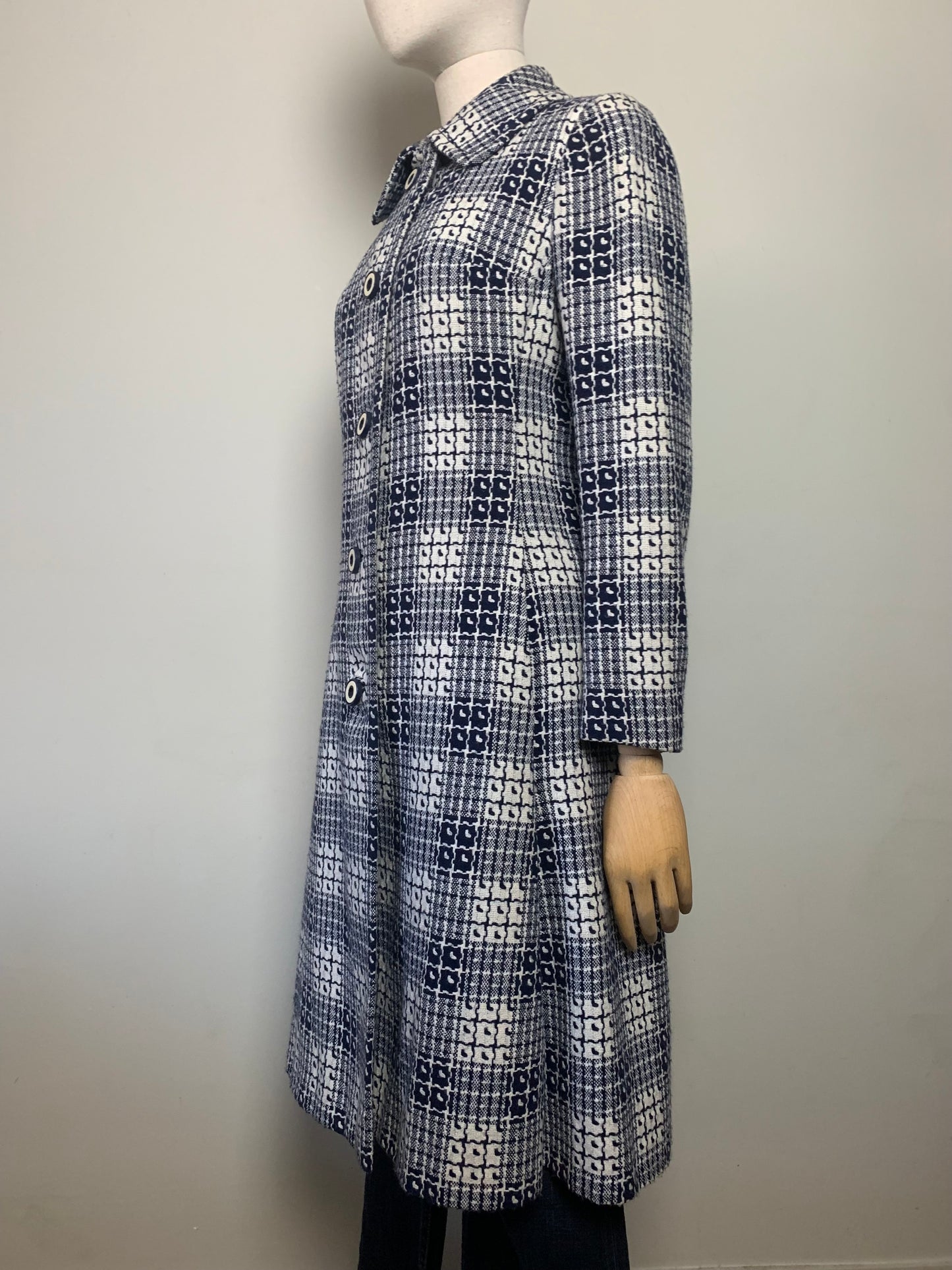 Manteau mi long en laine tissé marine et crème vintage