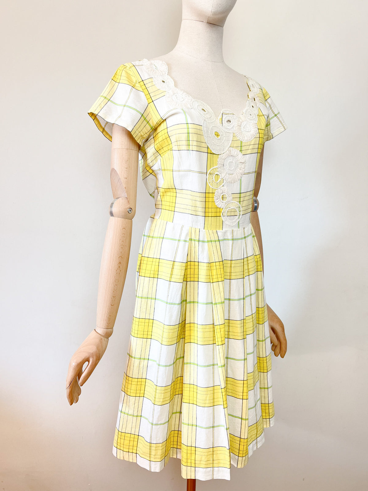 Robe vintage Années 90 Agnès b. en coton - Imprimé carreaux & broderies - Taille 38