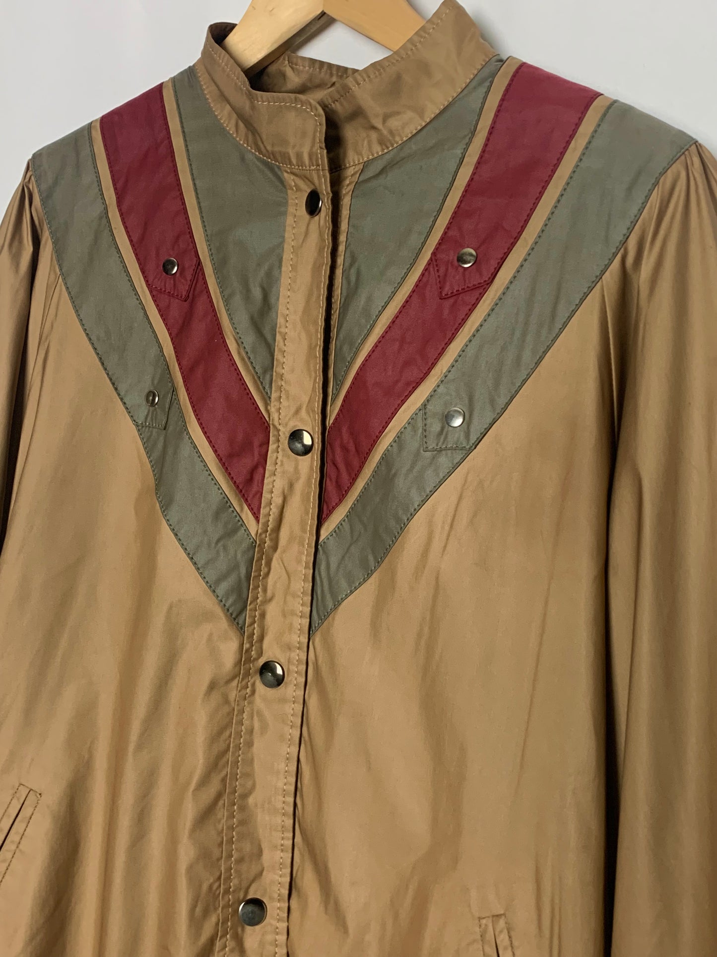 Blouson doublé femme col montant bronze bandes kaki et bordeaux vintage