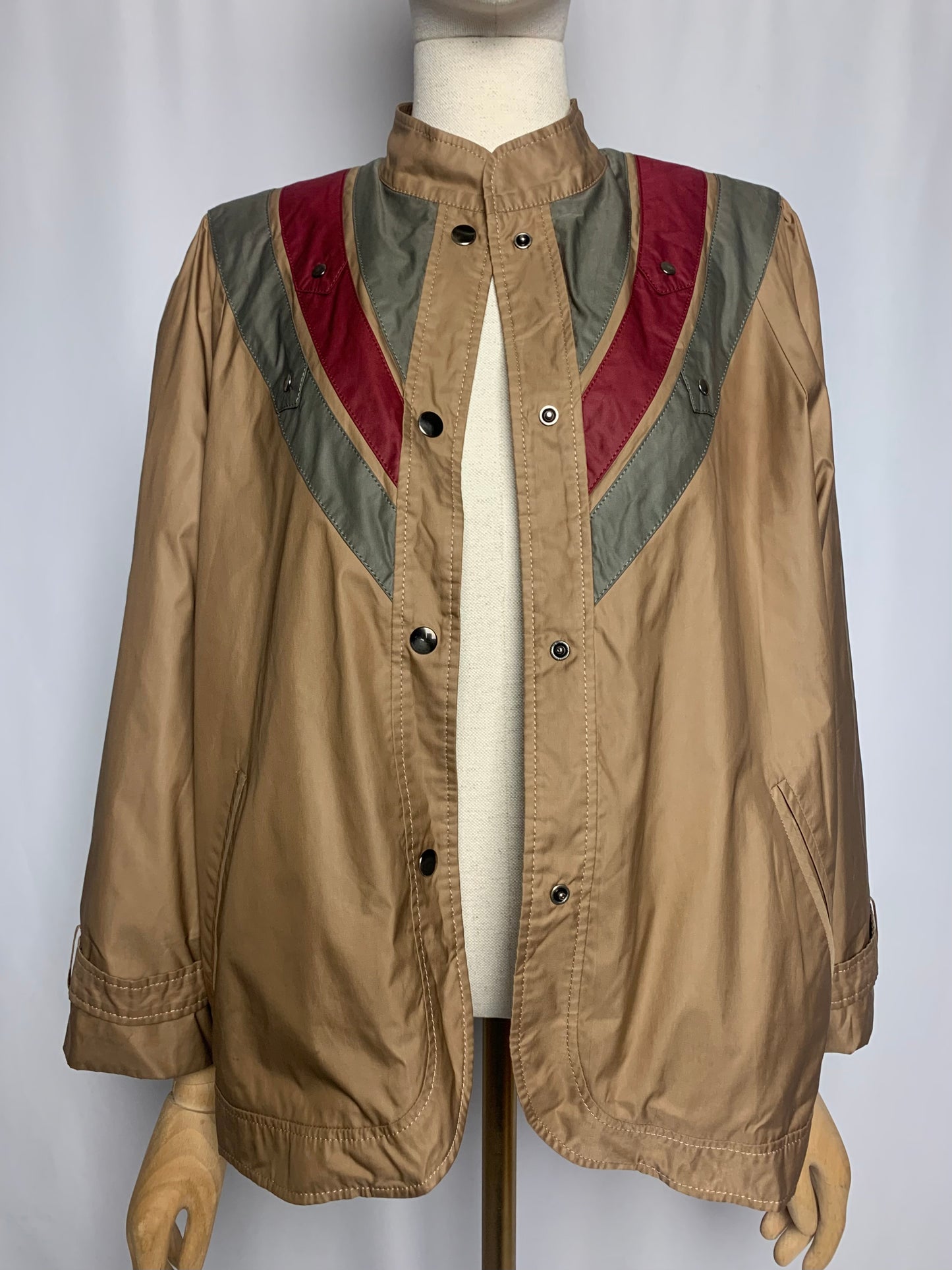 Blouson doublé femme col montant bronze bandes kaki et bordeaux vintage